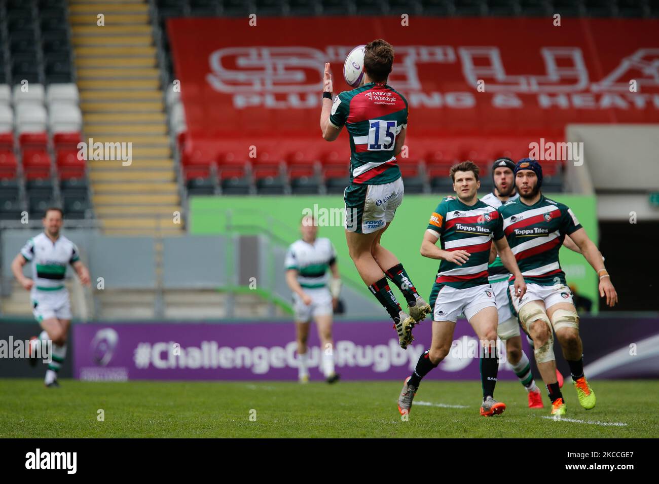 Freddie Steward von Leicester Tigers spielt am 10.. April 2021 beim European Rugby Challenge Cup Quarter Final zwischen Leicester Tigers und Newcastle Falcons in der Welford Road, Leicester, England. (Foto von Chris Lishman/MI News/NurPhoto) Stockfoto