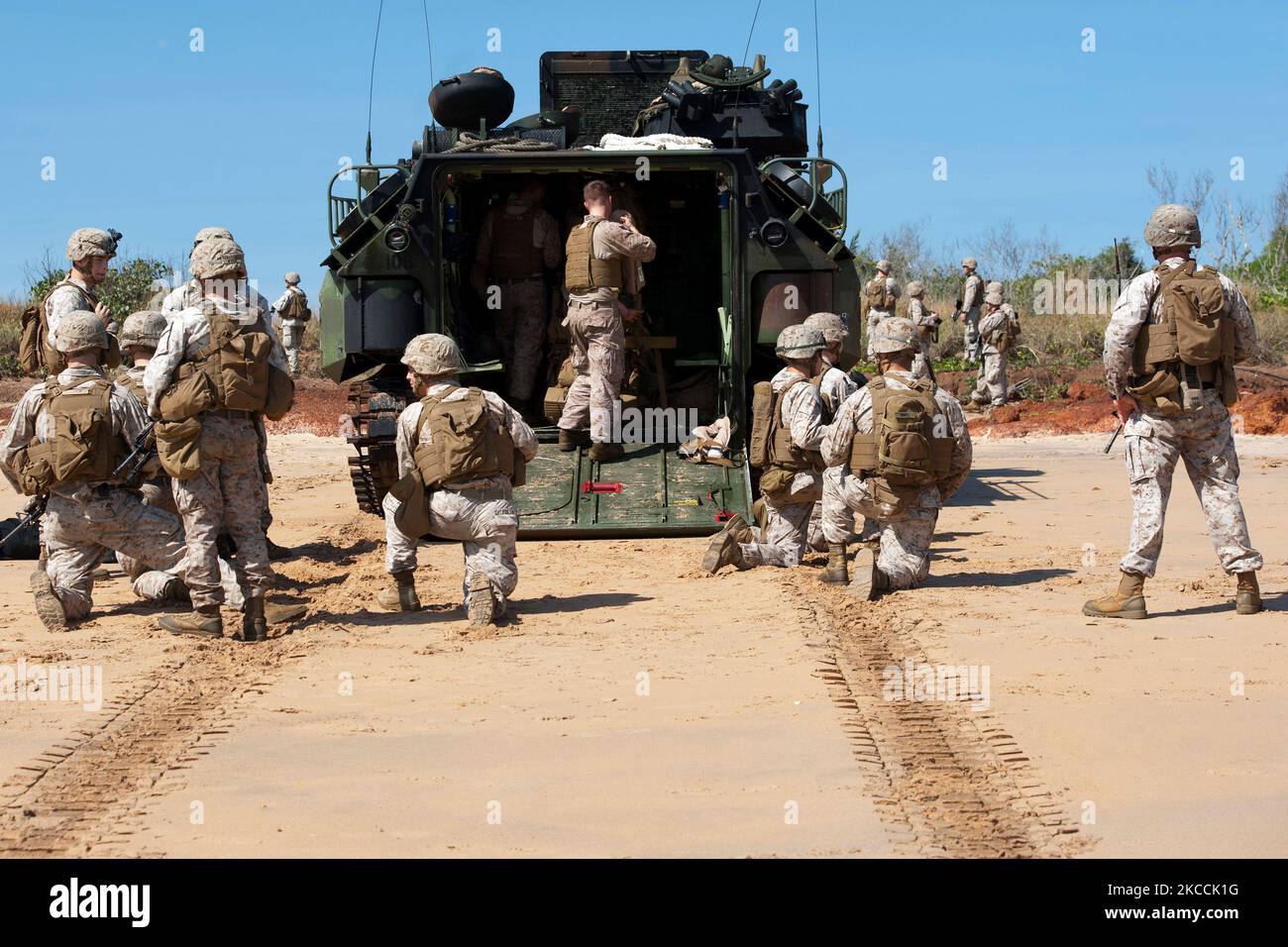 US-Marineinfanteristen üben einen amphibischen Angriff mit Angriffsamphibienfahrzeugen. Stockfoto