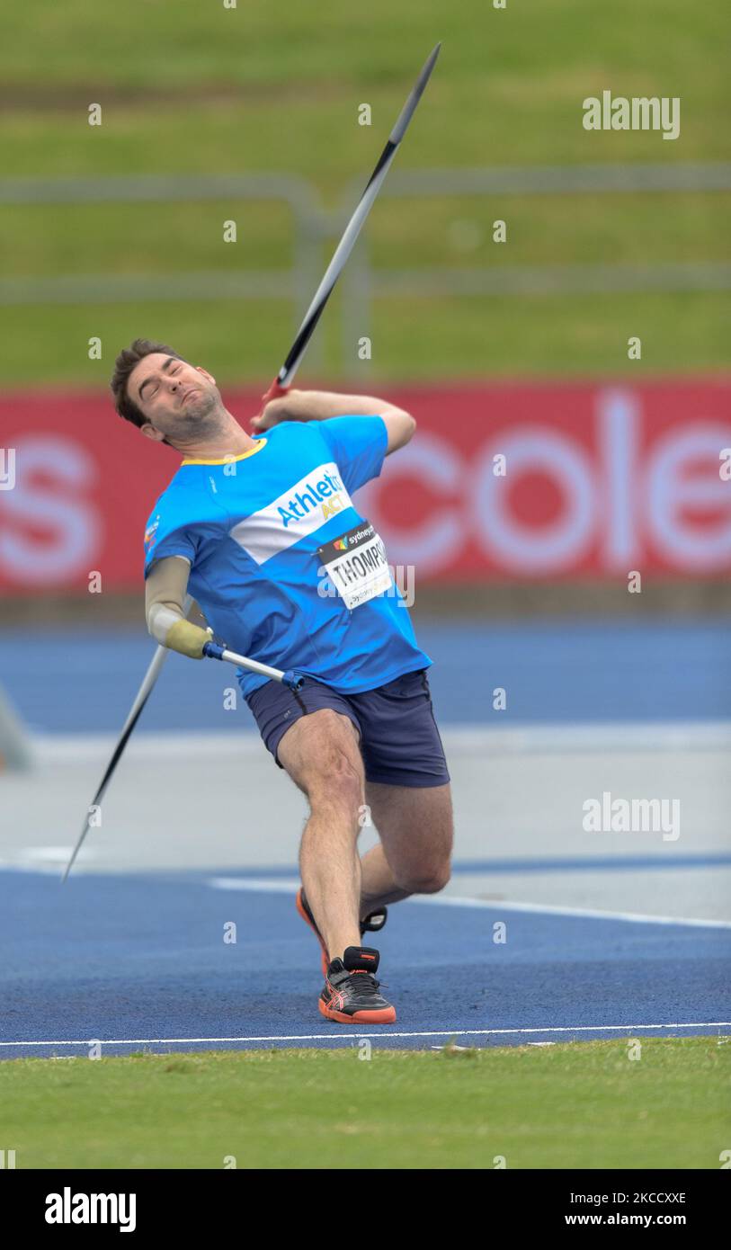 Matt Thompson vom Australian Capital Territory tritt am 17. April 2021 im Sydney Olympic Park Athletic Center im Rahmen der Australian Track & Field Championships beim Men Ambulant Javelin Final an. (Foto von Izhar Khan/NurPhoto) Stockfoto