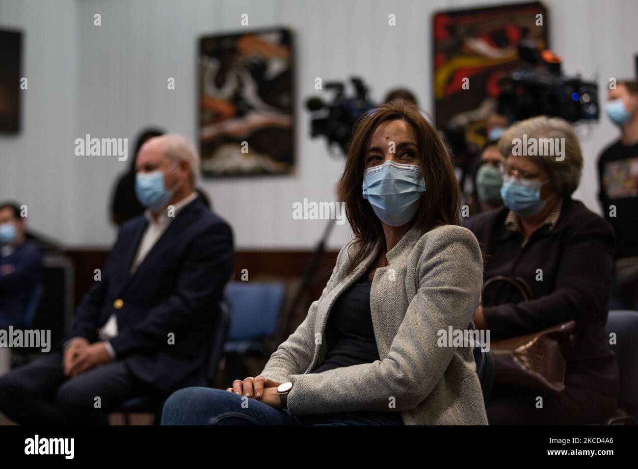 Heloísa Apolónia (PEV) am 20. April 2021 am PCP-Hauptsitz in Lissabon, Portugal. Die Kommunistische Partei ( PCP ) bildet eine Koalition mit der Umweltpartei ( PEV ) für die diesjährigen Kommunalwahlen. Die CDU, einheitliche demokratische Koalition. (Foto von Nuno Cruz/NurPhoto) Stockfoto