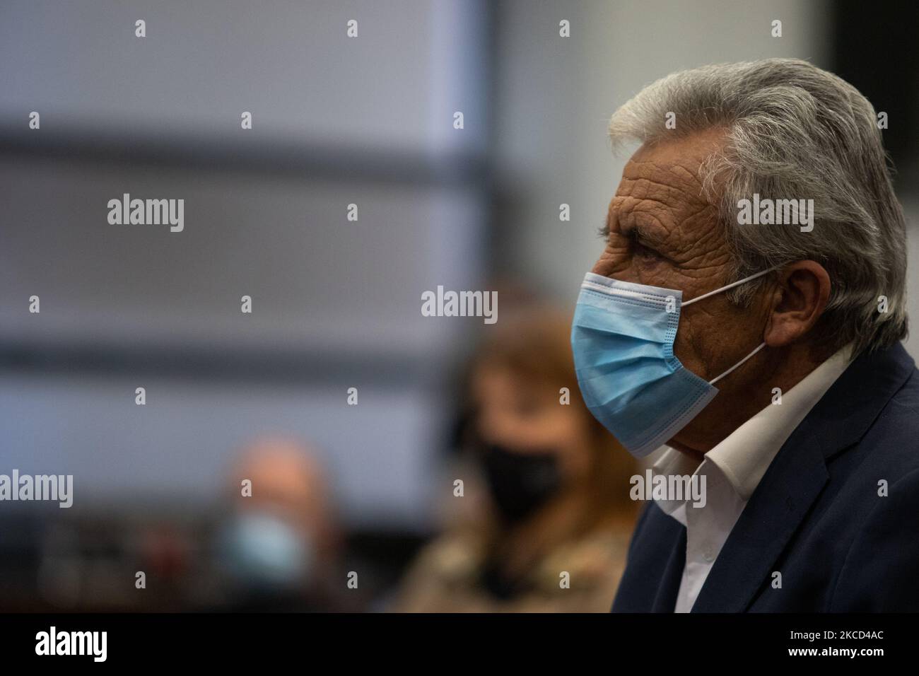 Der Generalsekretär der PCP, Jerónimo de Sousa, am 20. April 2021 im PCP-Hauptquartier in Lissabon, Portugal. Die Kommunistische Partei ( PCP ) bildet eine Koalition mit der Umweltpartei ( PEV ) für die diesjährigen Kommunalwahlen. Die CDU, einheitliche demokratische Koalition. (Foto von Nuno Cruz/NurPhoto) Stockfoto