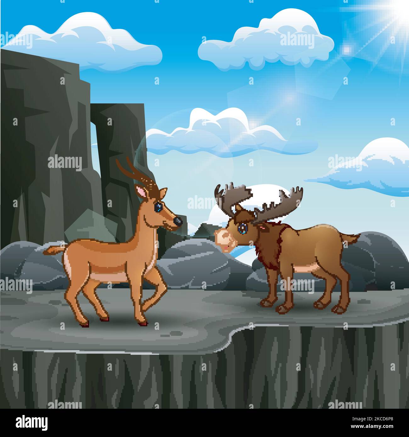 Ein Elch und Hirsch am Rand einer Klippe Stock Vektor