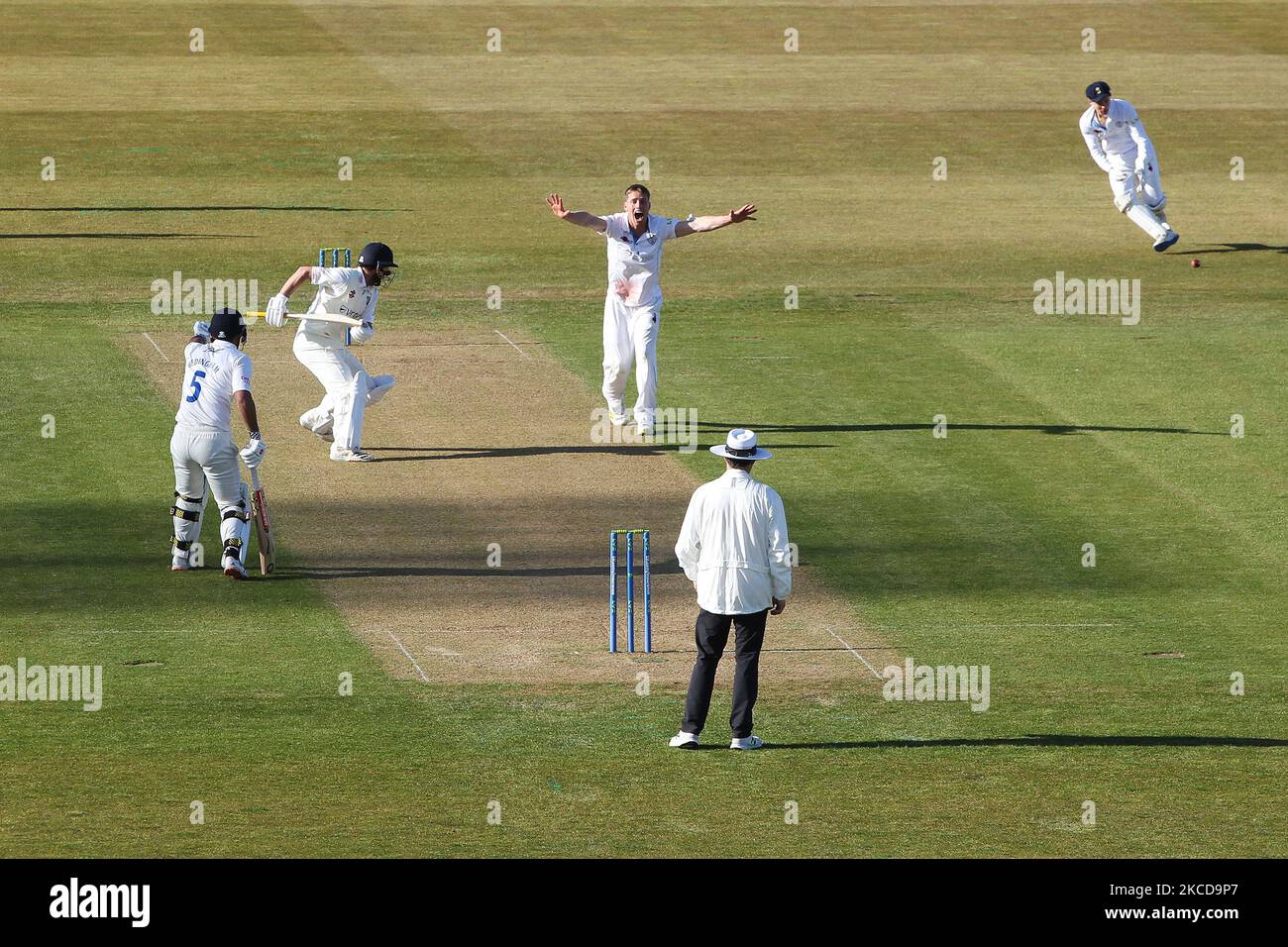 Luis Reece von Derbyshire appelliert während des LV= Insurance County Championship-Spiels zwischen dem Durham County Cricket Club und dem Derbyshire County Cricket Club in Emirates Riverside, Chester le Street am Donnerstag, dem 22.. April 2021, an eine LBW gegen Ned Eckersley von Durham. (Foto von Mark Fletcher/MI News/NurPhoto) Stockfoto
