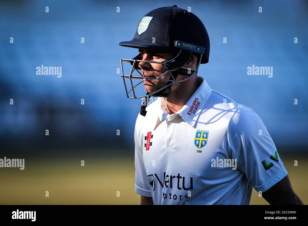 David Bedingham von Durham während des LV= Insurance County Championship-Spiels zwischen dem Durham County Cricket Club und dem Derbyshire County Cricket Club im Emirates Riverside, Chester le Street am Donnerstag, dem 22.. April 2021. (Foto von Mark Fletcher/MI News/NurPhoto) Stockfoto