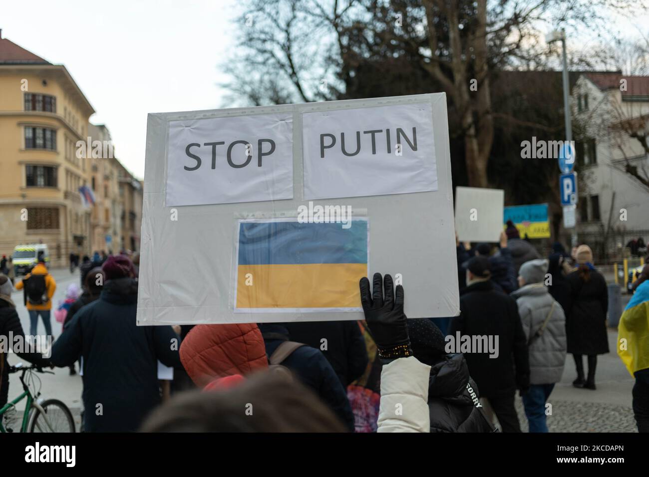 Demonstration zur Unterstützung der Ukraine Plakat stoppen putin Stockfoto