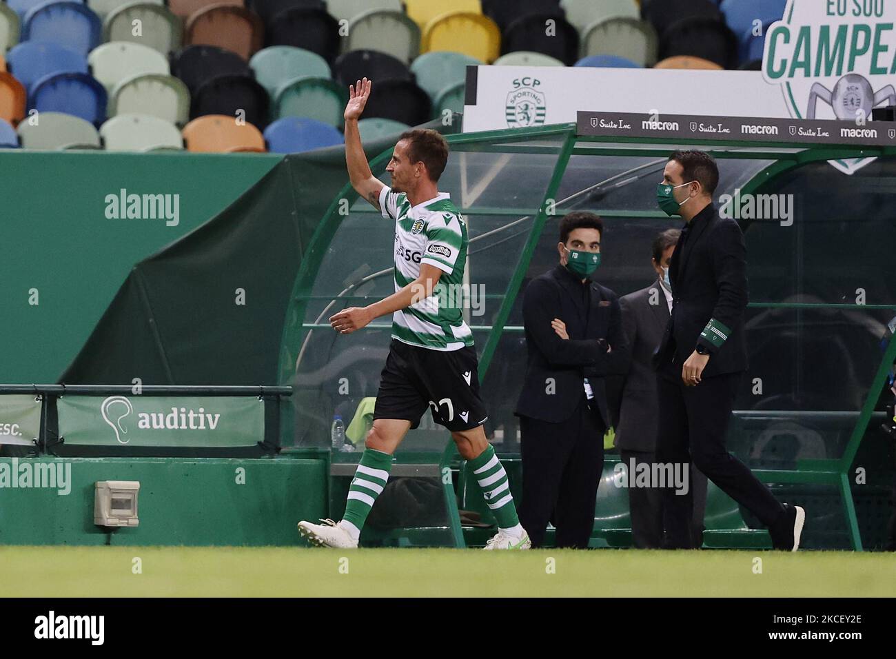 Heute endet eine Karriere für João Pereira während des Spiels für die Liga NOS zwischen Sporting CP und Maritimo, im Estadio José Alvalade, Lissabon, Portugal, 19. 2021 (Foto von João Rico/NurPhoto) Stockfoto