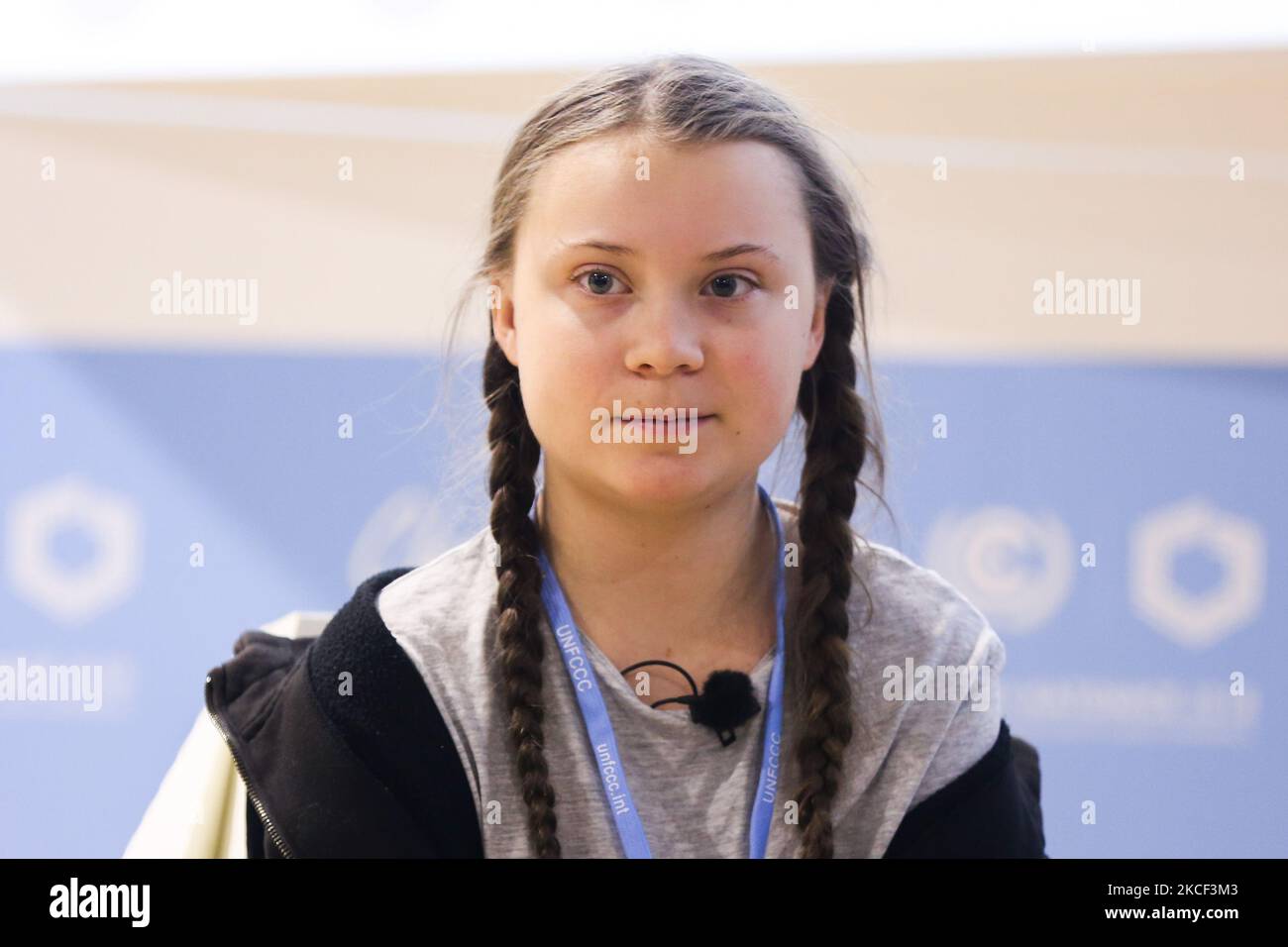 Die 15-jährige schwedische Klimaaktivistin Greta Thunberg während der COP 24, der Konferenz der Vertragsparteien des Rahmenübereinkommens der Vereinten Nationen über Klimaänderungen 24., die vom 2. Bis 14. Dezember stattfindet. Katowice, Polen am 5.. Dezember 2018. (Foto von Beata Zawrzel/NurPhoto) Stockfoto