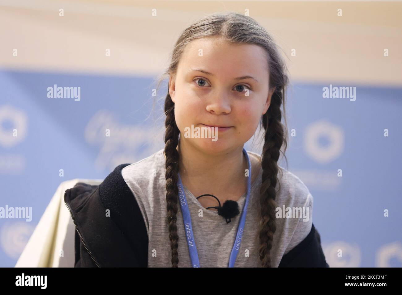 Die 15-jährige schwedische Klimaaktivistin Greta Thunberg während der COP 24, der Konferenz der Vertragsparteien des Rahmenübereinkommens der Vereinten Nationen über Klimaänderungen 24., die vom 2. Bis 14. Dezember stattfindet. Katowice, Polen am 5.. Dezember 2018. (Foto von Beata Zawrzel/NurPhoto) Stockfoto