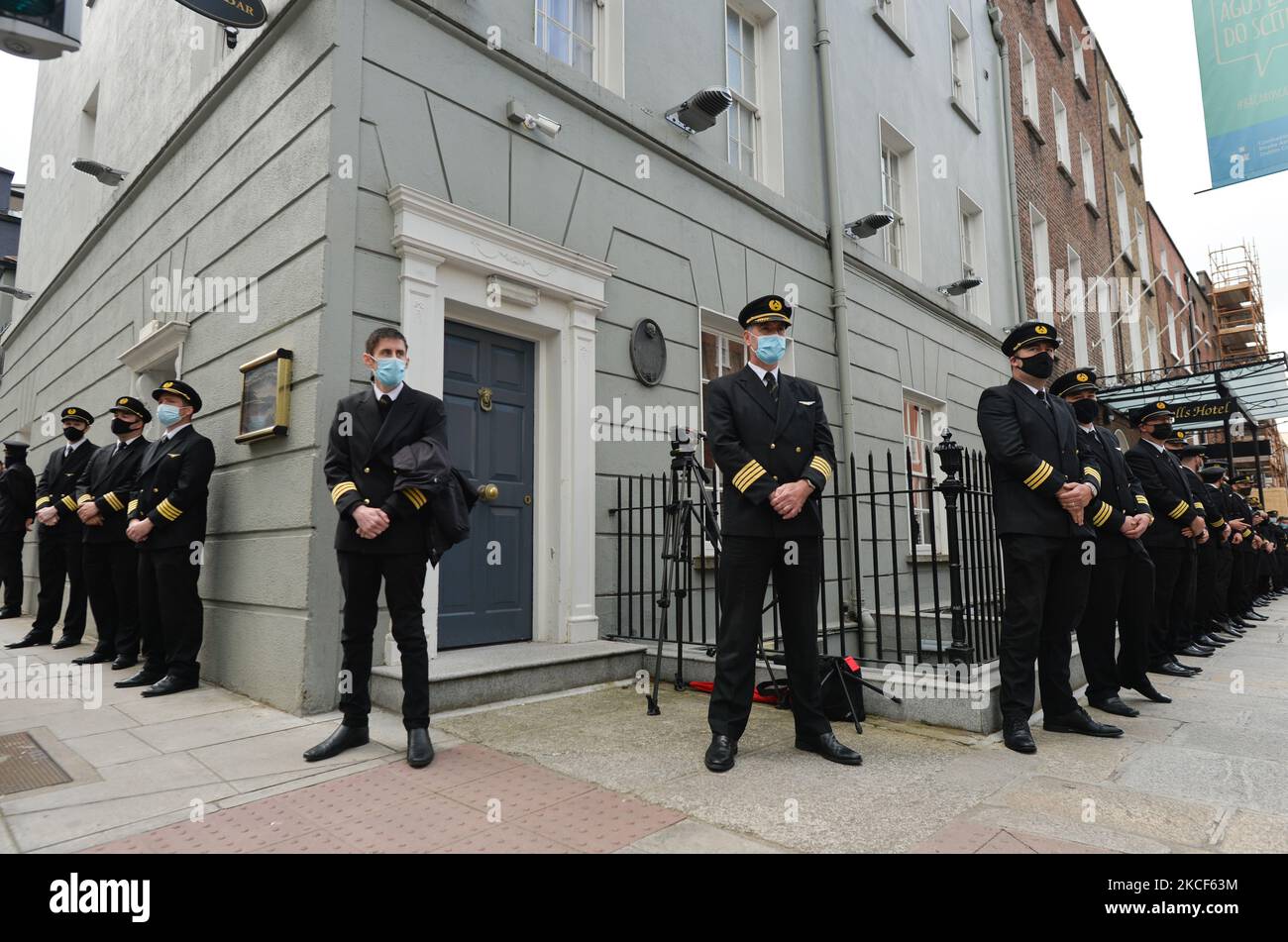 Die Pilotgruppe „Recover Irish Aviation“ demonstriert vor dem Leinster House in Dublin. Am Montag, den 24. Mai 2021, in Dublin, Irland. (Foto von Artur Widak/NurPhoto) Stockfoto