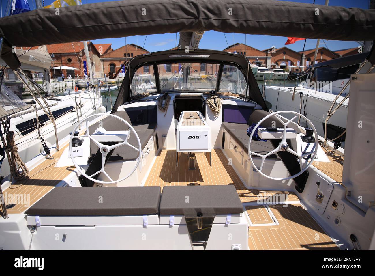 Ein allgemeiner Blick auf die Venedig Boat Show im Arsenale während der Ausgabe 2021 am 29. Mai 2021 in Venedig, Italien. (Foto von Marco Serena/NurPhoto) Stockfoto