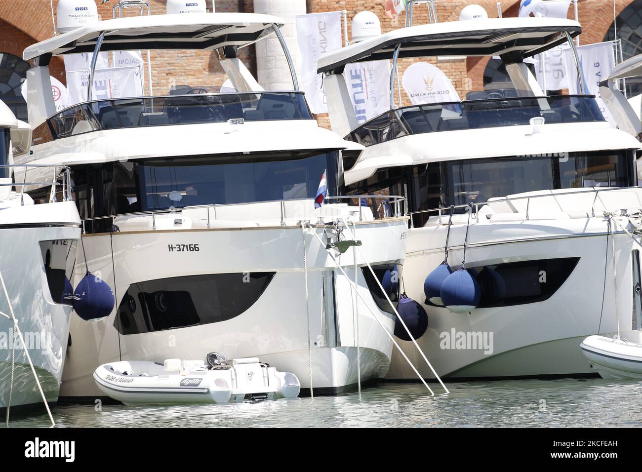 Ein allgemeiner Blick auf die Venedig Boat Show im Arsenale während der Ausgabe 2021 am 29. Mai 2021 in Venedig, Italien. (Foto von Marco Serena/NurPhoto) Stockfoto