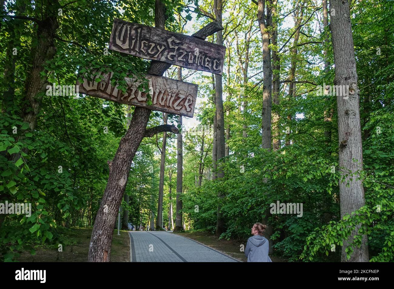 Menschen, die die Zeit des Zweiten Weltkriegs besuchen Adolf Hitlers Viertel, versteckt in einem Wald in der Nähe von Gierloz, Polen, werden am 2. Juni 2021 r Wolf's Lair (d. Wolfssschanze) Ruinen des Kriegshauptquartiers Adolf Hilters waren eine versteckte Stadt im Wald, bestehend aus 200 Gebäuden: Schutzhütten, Kasernen, 2 Flughäfen, einem Kraftwerk, einem Bahnhof, Klimaanlagen, Wasserversorgung, Wärmeerzeugeranlagen und zwei Teledrucker (Foto: Michal Fludra/NurPhoto) Stockfoto