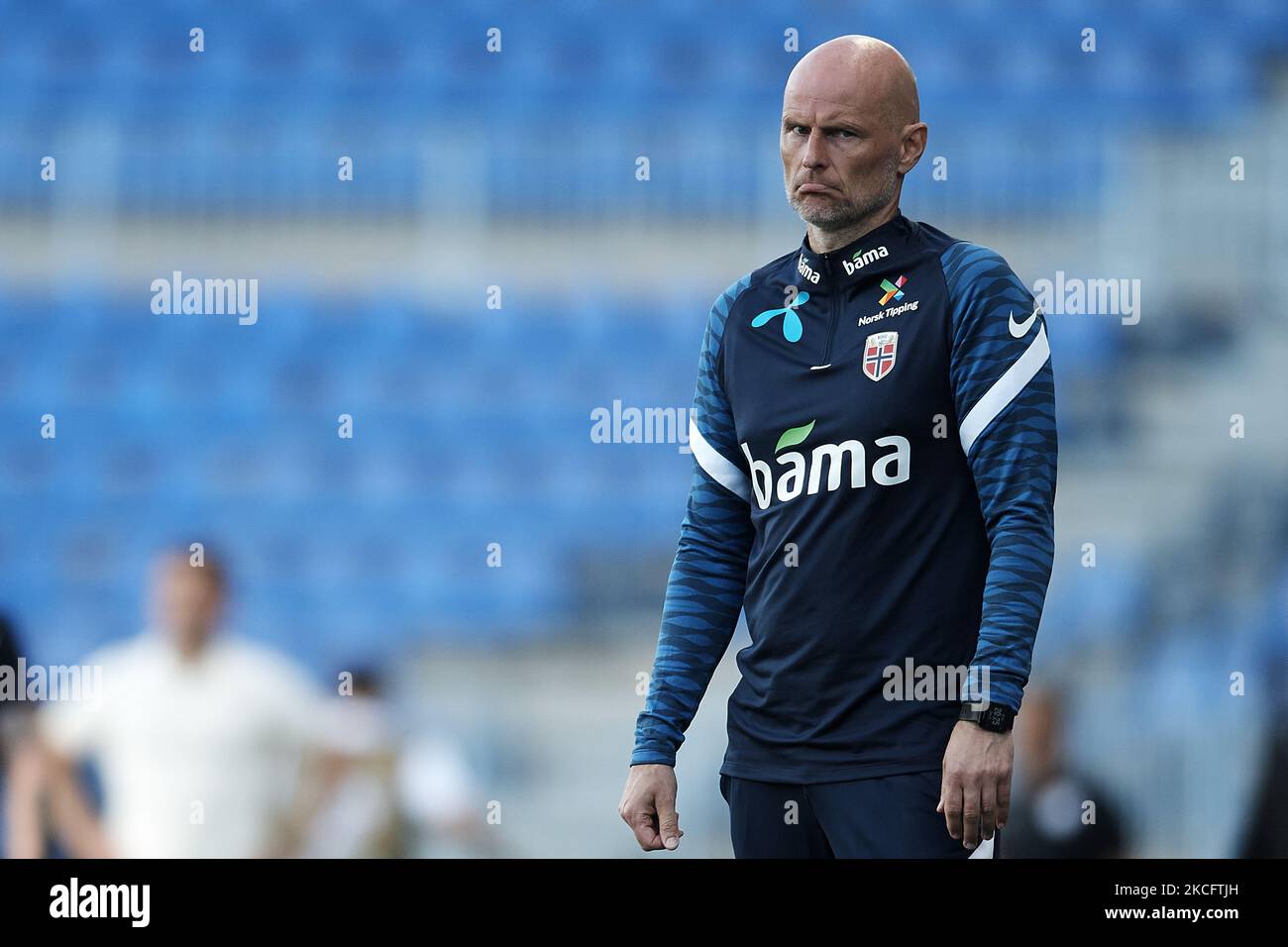 Abgestandener Solbakken-Cheftrainer aus Norwegen reagiert während des internationalen Freundschaftsspiel zwischen Norwegen und Luxemburg im Estadio La Rosaleda am 2. Juni 2021 in Malaga, Spanien. (Foto von Jose Breton/Pics Action/NurPhoto) Stockfoto