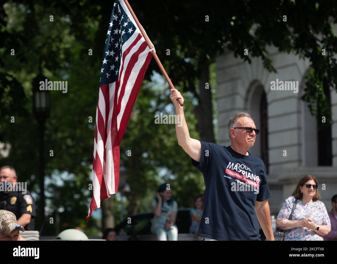 Ein Teilnehmer der Wiedereröffnung Kundgebung in Harrisburg, Pennsylvania, USA, am 5. Juni 2021. (Foto von Zach D Roberts/NurPhoto) Stockfoto