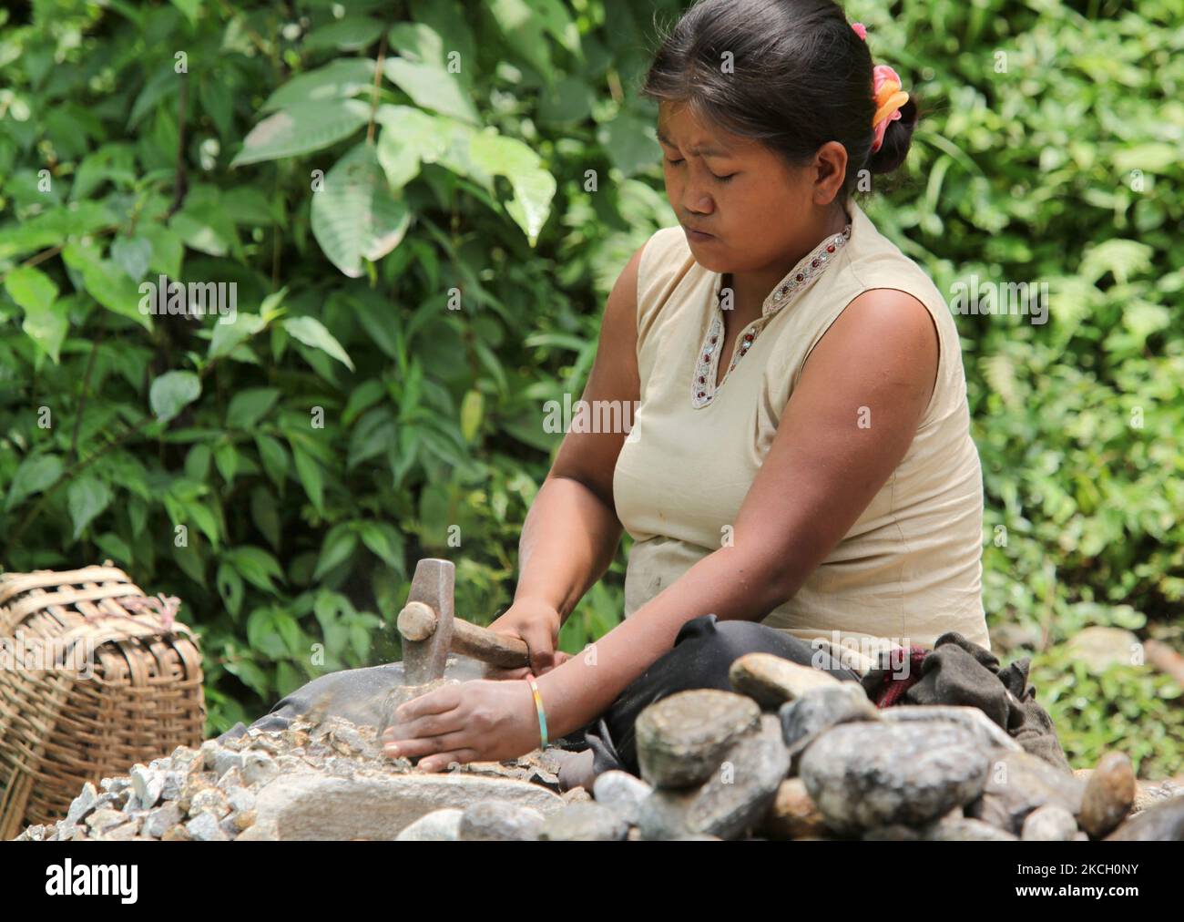 Sikkimese-Arbeiterin zerlegt Steine in kleinere Steine, die am 02. Juni 2010 in Khechuperi, Sikkim, Indien, zur Herstellung von Zement und Baumaterialien verwendet werden. (Foto von Creative Touch Imaging Ltd./NurPhoto) Stockfoto