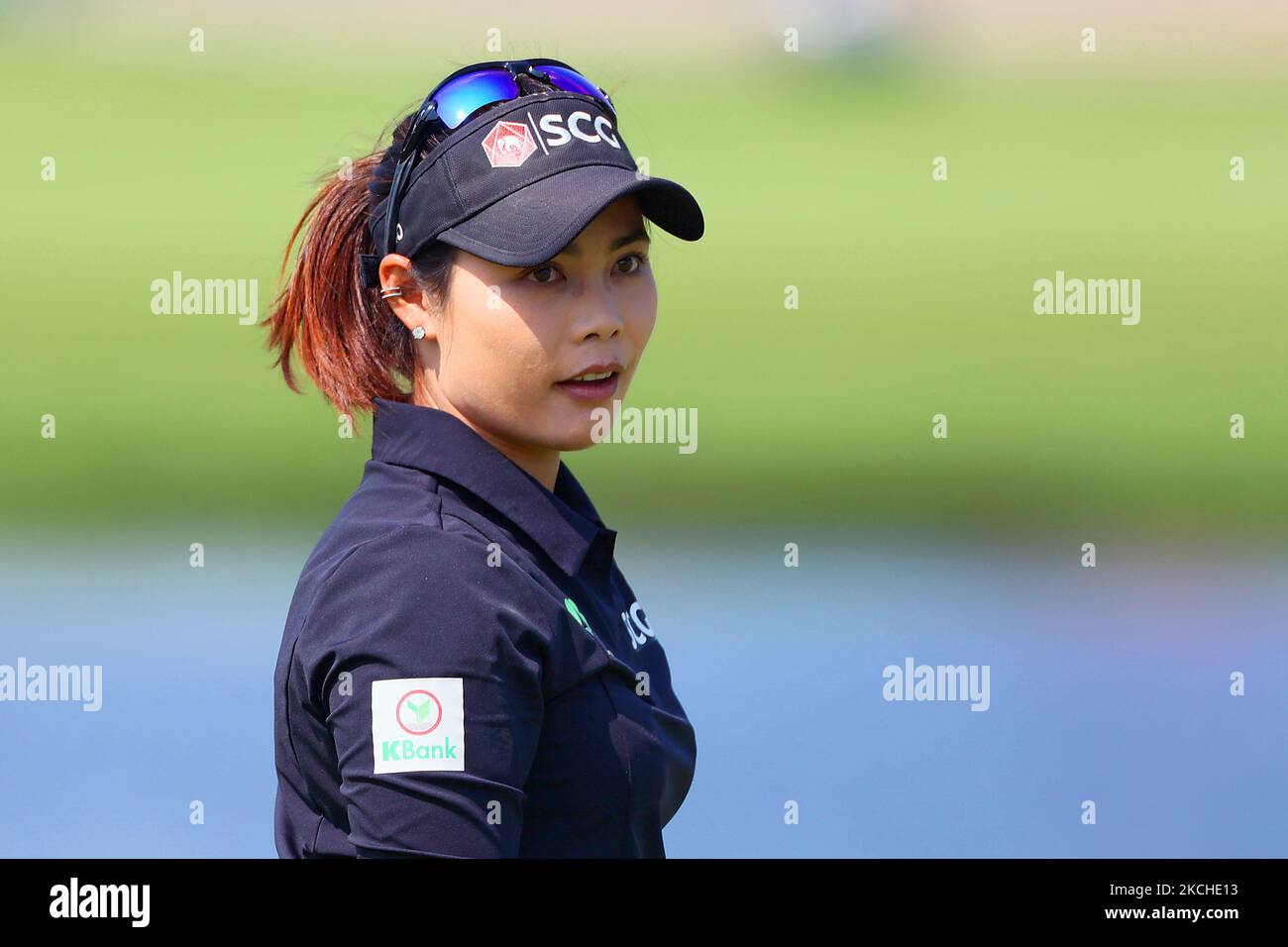 Moriya Jutanugarn aus Thailand wartet am Samstag, den 17. Juli 2021, im Midland Country Club in Midland, Michigan, auf dem 13. Green während der Finalrunde des Dow Great Lakes Bay Invitational. (Foto von Amy Lemus/NurPhoto) Stockfoto
