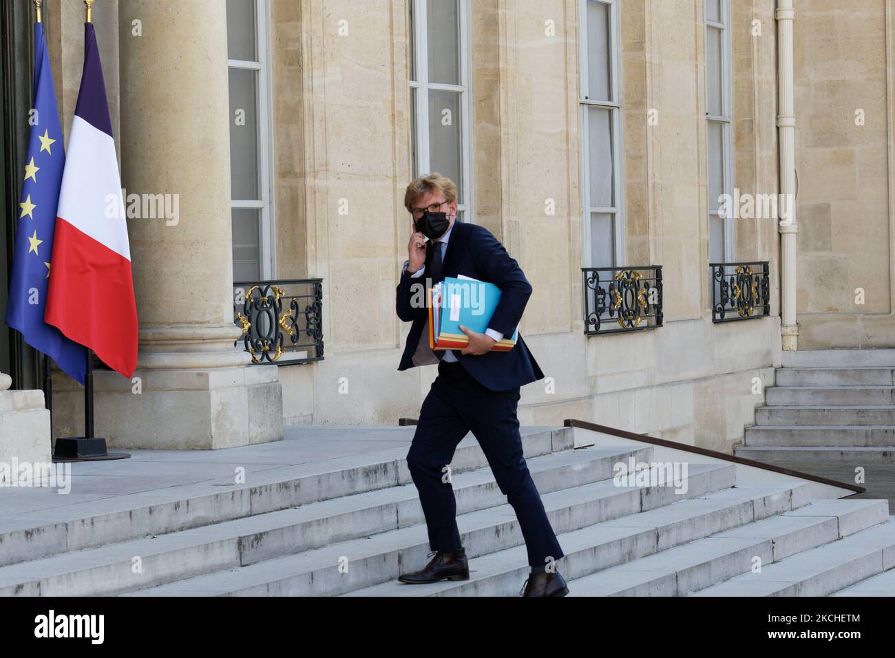 Der französische Minister für die Beziehungen zum Parlament Marc Fesneau kommt am 19. Juli 2021 zum Treffen ofÂ die FrenchÂ CouncilÂ der Minister im Elysée-Palast in Paris (Foto: Daniel Pier/NurPhoto) Stockfoto