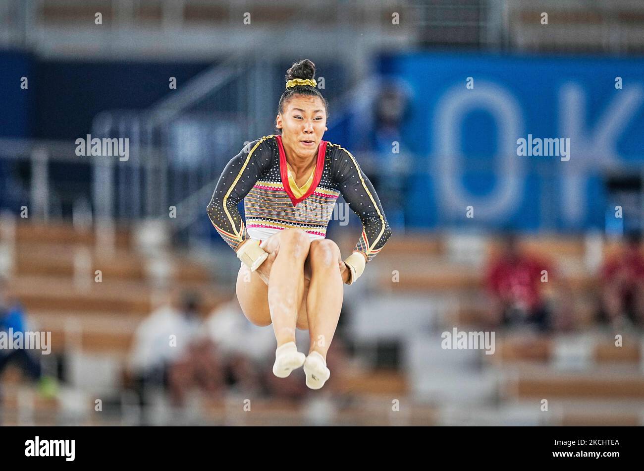 Jutta Verkest aus Belgien beim Finale des Teams für künstlerische Gymnastik der Frauen bei den Olympischen Spielen im Ariake Gymnastik Center, Tokio, Japan, am 27. Juli 2021. (Foto von Ulrik Pedersen/NurPhoto) Stockfoto