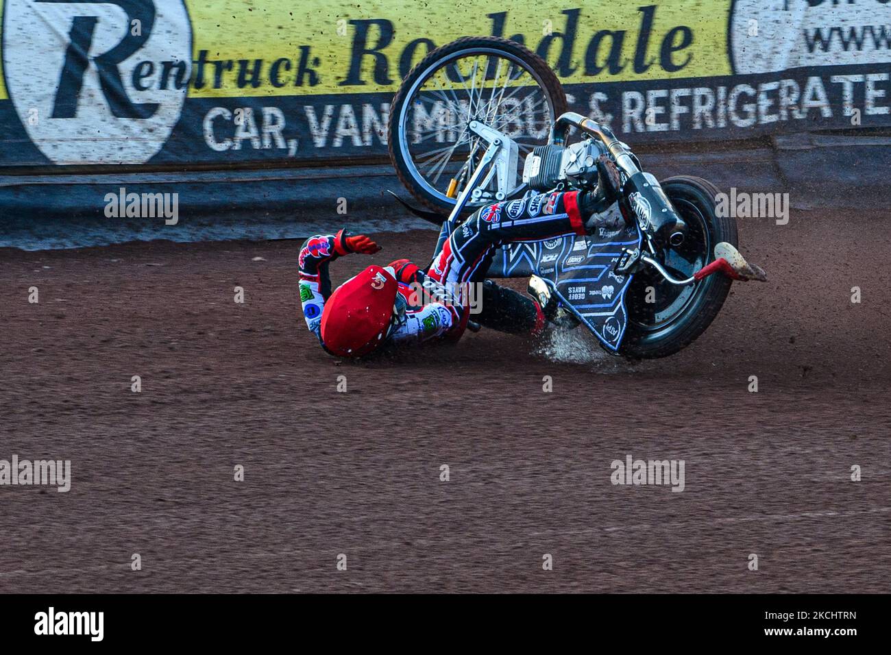 Sam McGurk dreht sich am Freitag, den 23.. Juli 2021, während des Spiels der National Development League zwischen Belle Vue Colts und Eastbourne Seagulls im National Speedway Stadium in Manchester aus. (Foto von Ian Charles/MI News/NurPhoto) Stockfoto