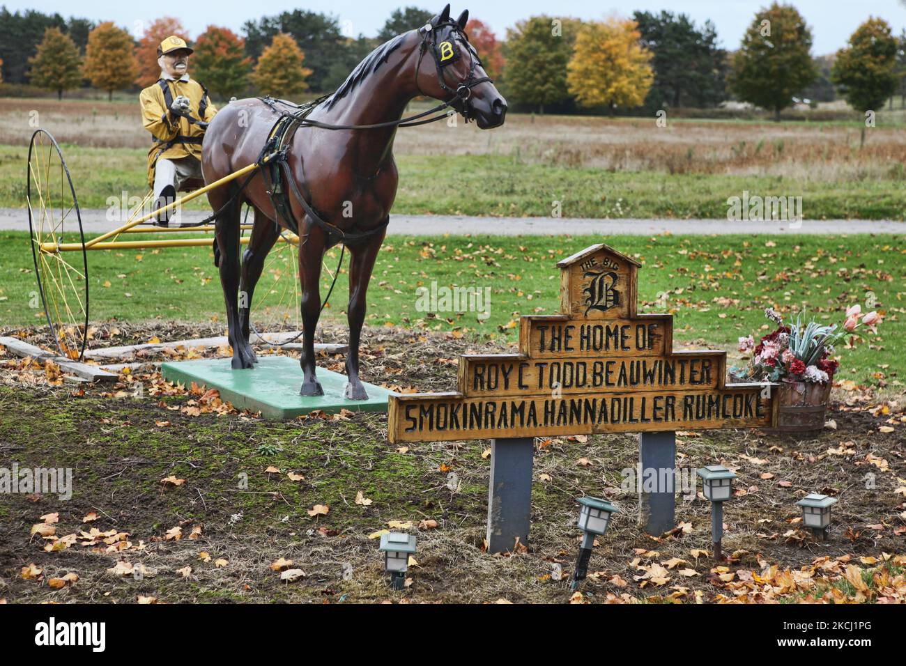 Statue eines Jockeys, der auf einem Sulky vor der Big B Ranch in Aurora, Ontario, Kanada, am 13. Oktober 2009 auf einem Rennpferd reitet. Die Big B Ranch ist bekannt für die Herstellung vieler berühmter Rennpferde. (Foto von Creative Touch Imaging Ltd./NurPhoto) Stockfoto