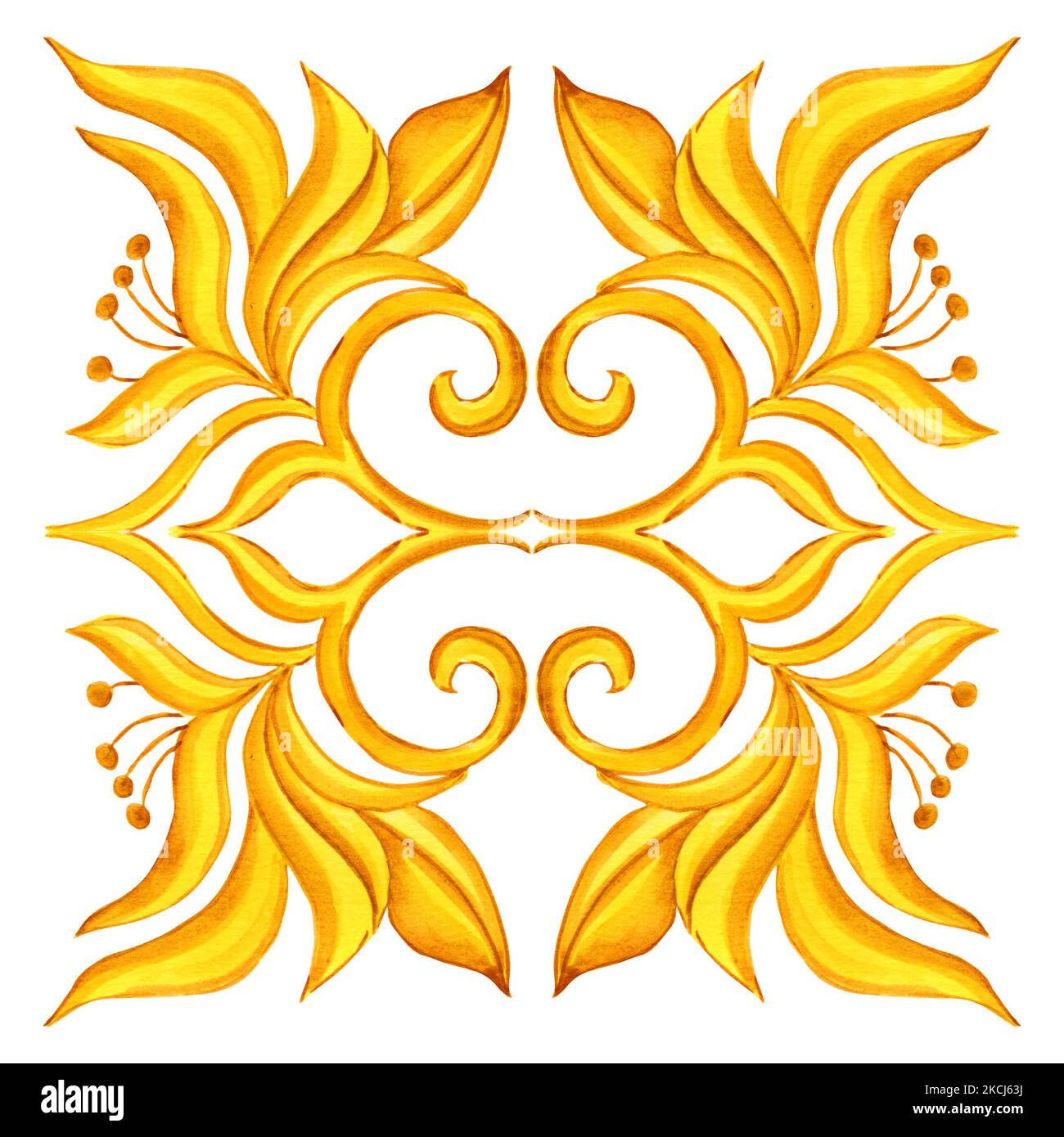 Goldene nahtlose Aquarell Majolika. Handgezeichnete Aquarell-Illustration sizilianischer Designs auf Fliesen. Viktorianische traditionelle Muster und Azulejos. Stockfoto