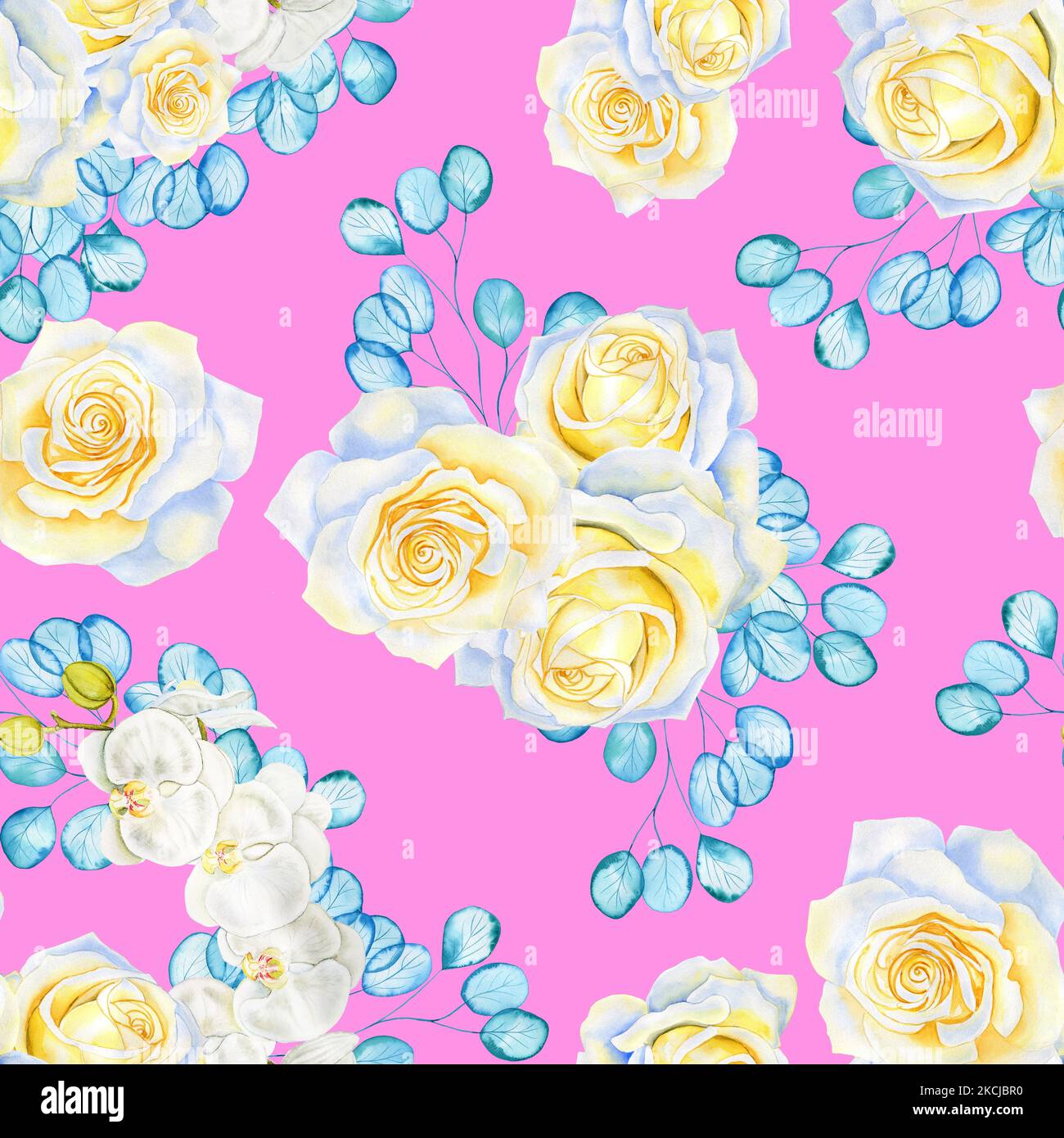 Weiße Blüten und transparente türkisfarbene Eukalyptuszweige nahtloses Aquarellmuster. Blühende Rosen und Orchideen endlose Hintergrund für Stoff und Stockfoto