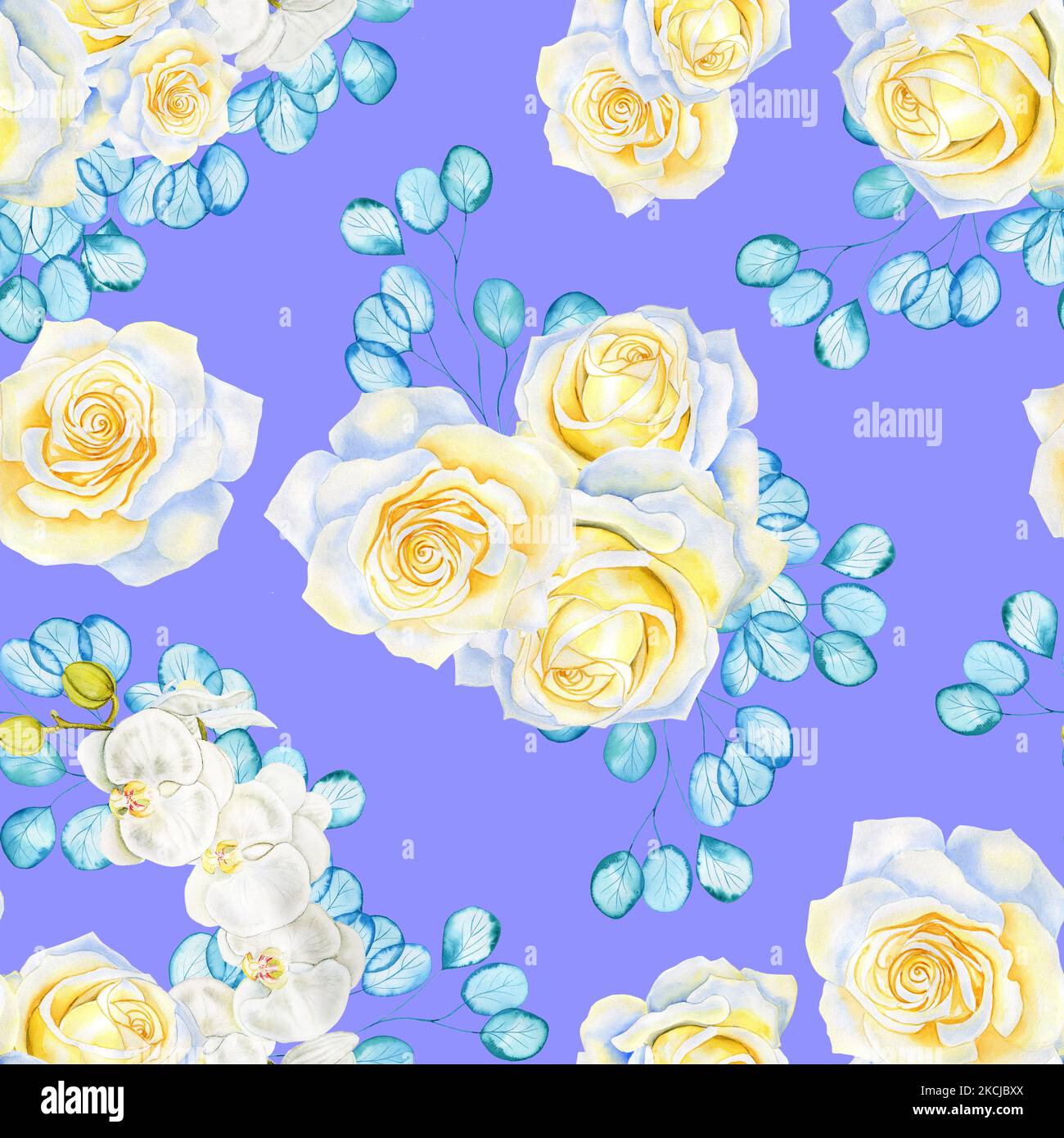 Weiße Blüten und transparente türkisfarbene Eukalyptuszweige nahtloses Aquarellmuster. Blühende Rosen und Orchideen endlose Hintergrund für Stoff und Stockfoto