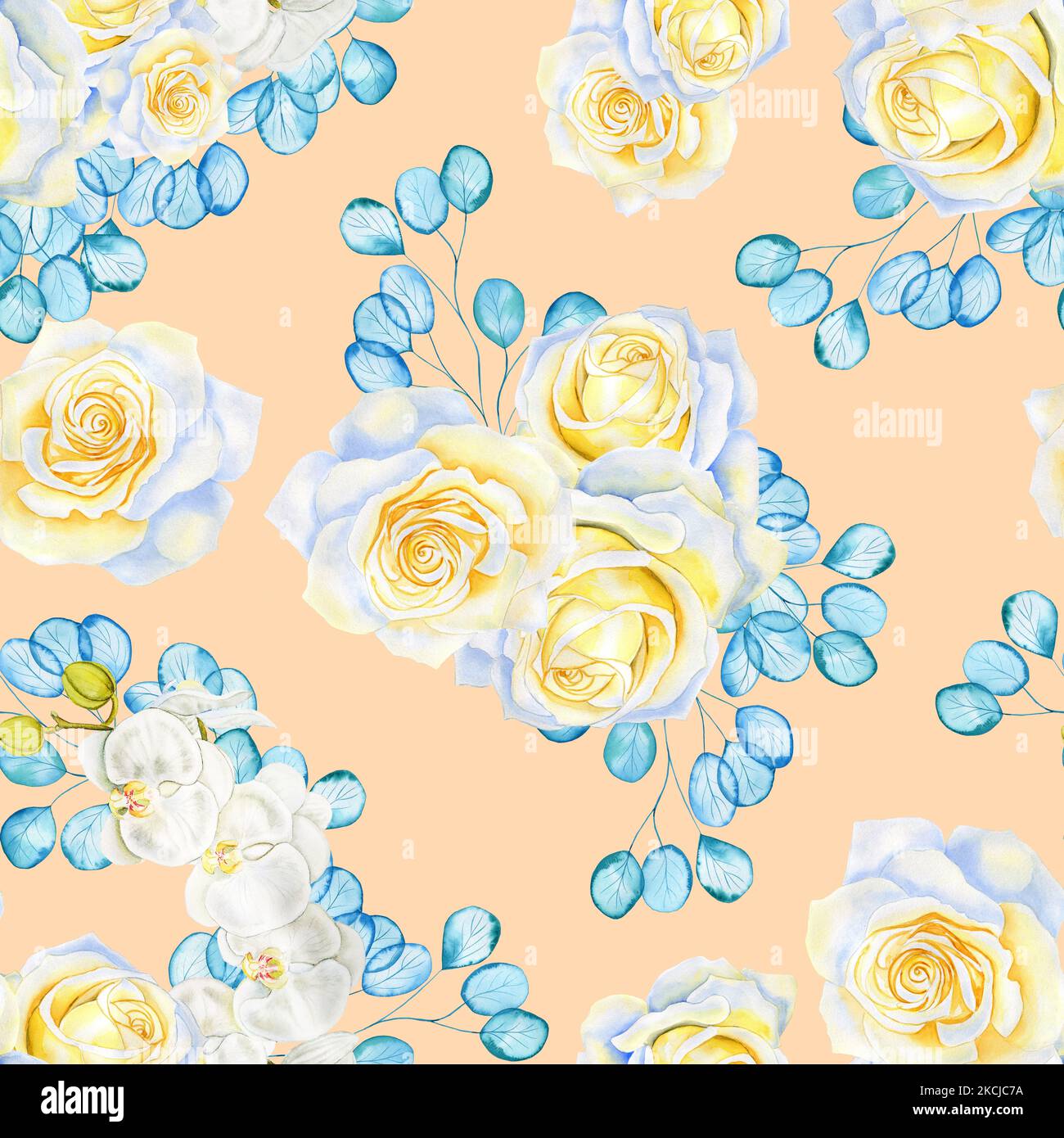 Weiße Blüten und transparente türkisfarbene Eukalyptuszweige nahtloses Aquarellmuster. Blühende Rosen und Orchideen endlose Hintergrund für Stoff und Stockfoto
