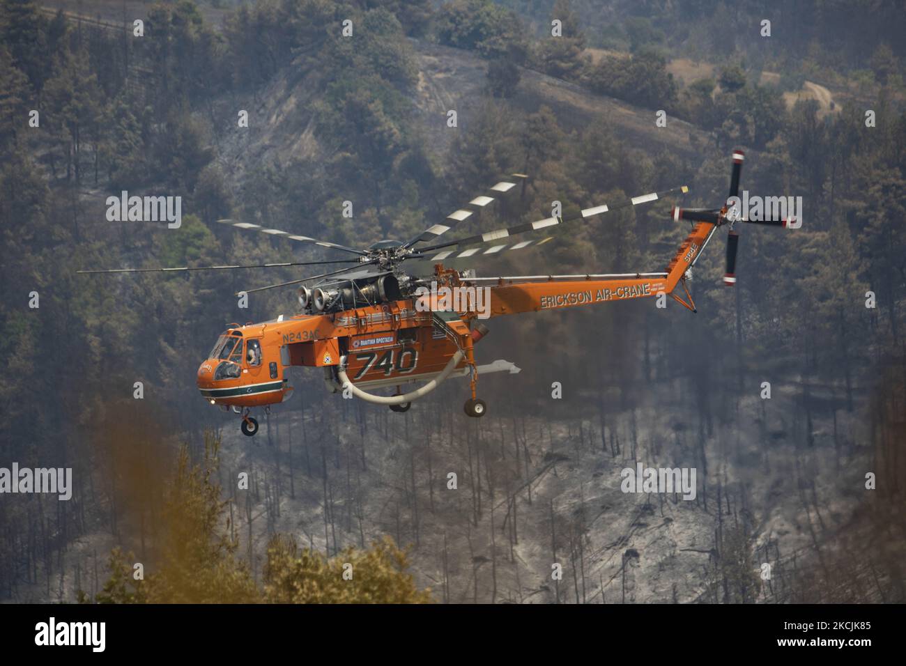 Erickson Air-Crane - Sikorsky S-64 Skycrane lässt Wasser fallen, während die Feuerwehrleute am 11. August 2021 im Dorf Galatsonas auf der griechischen Insel Evia (Euboea) ein Waldbrand bekämpfen. - Fast 100.000 Hektar Wald- und Ackerland haben in weniger als zwei Wochen in Griechenland bei der schlimmsten Waldbrandwelle seit 2007 verbrannt, sagte das Europäische Waldbrandinformationssystem (EFFIS) am Mittwoch. Stockfoto
