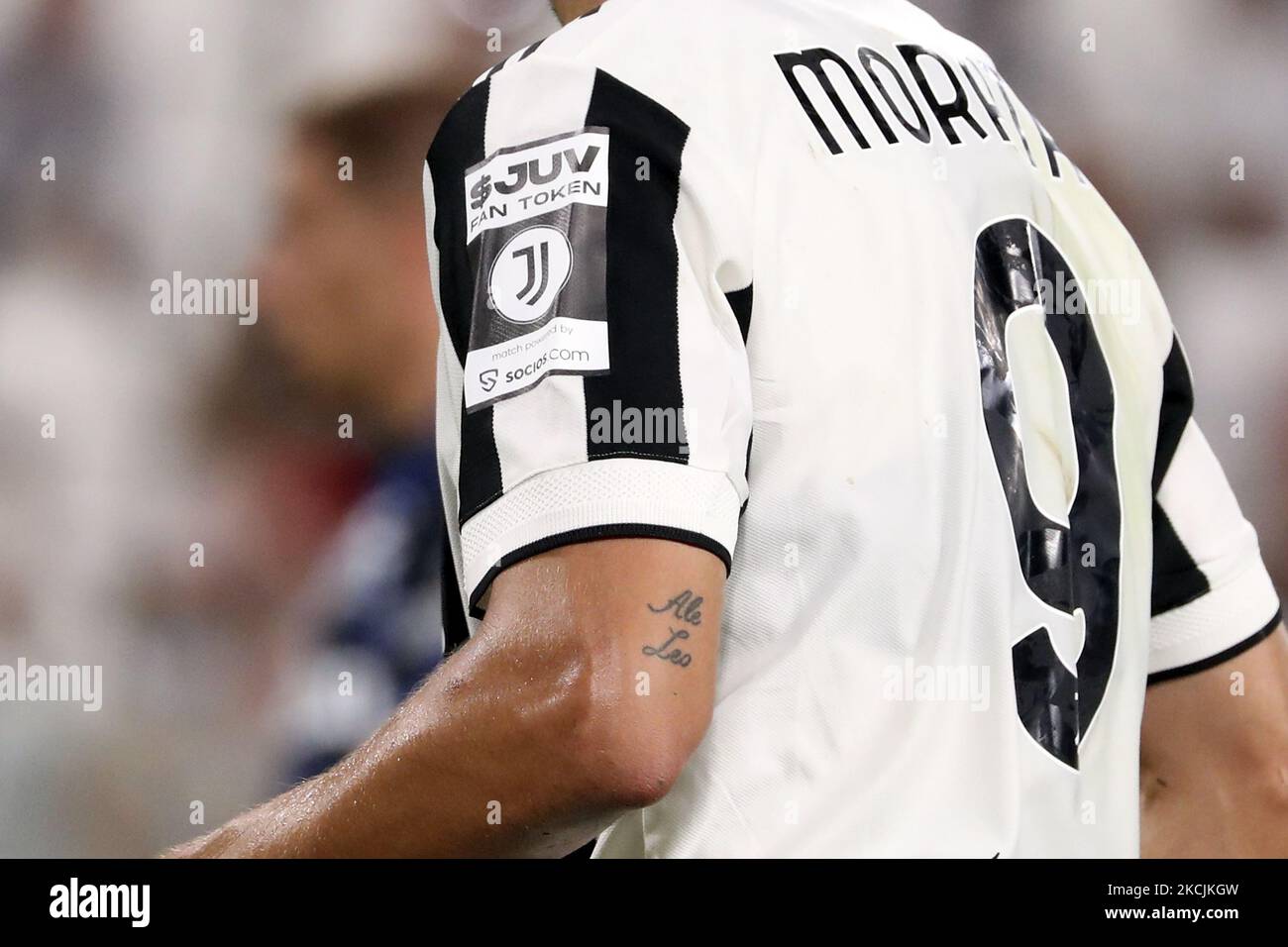 Ein Detail des „Juv Fan Token by socios.com“-Patches während des Freundschaftsspiel zwischen Juventus und Atalanta BC vor der Saison am 14. August 2021 in Turin, Italien. (Foto von Giuseppe Cottini/NurPhoto) Stockfoto