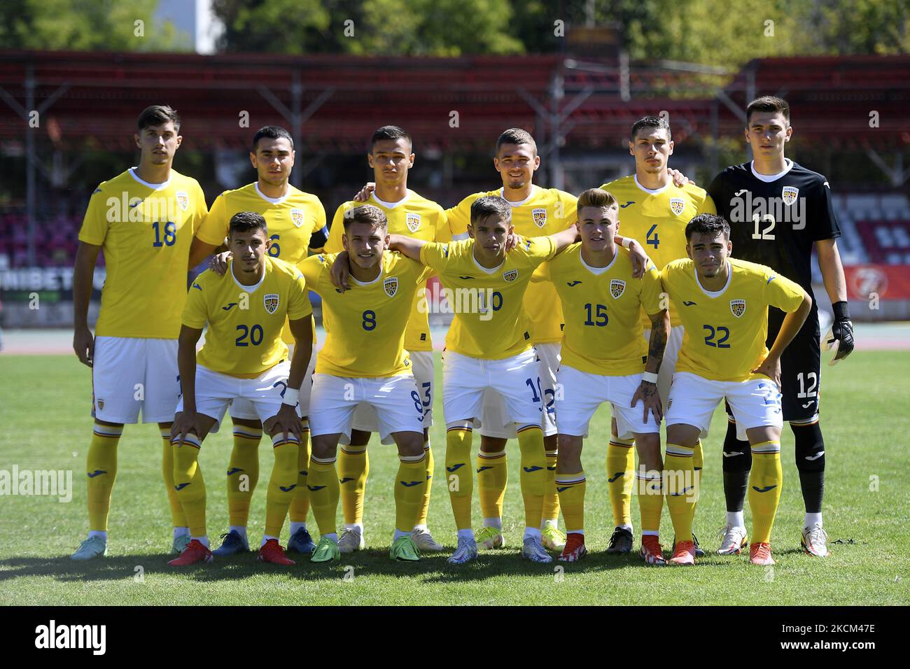 David Miculescu, Vladimir Screciu, Valentin Ticu, Alexandru Georgescu, Bogdan Racovitan, Alexandru Tirlea, Dragos Albu, Alexandru Cimpanu, Claudiu Petrila, Cristian Dumitru während des Testspieles zwischen Rumänien U21 gegen FC Buzau, gespielt in Bukarest, Rumänien, Samstag, 04. September 2021. (Foto von Alex Nicodim/NurPhoto) Stockfoto