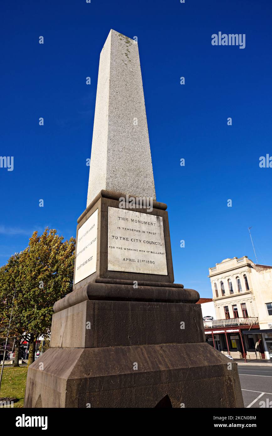 Ballarat Australia / das Acht-Stunden-Denkmal zu Ehren von James Galloway. Stockfoto