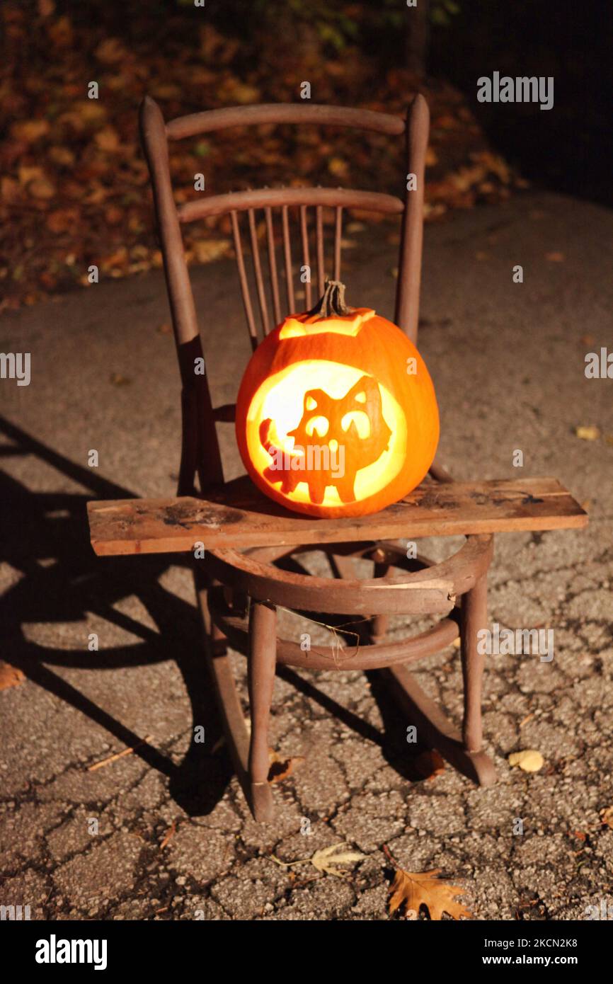 Jack-o'-Laterne mit dem Bild einer Katze geschnitzt ruht auf einem hölzernen Schaukelstuhl während der Halloween-Nacht in Toronto, Ontario, Kanada, am 31. Oktober 2009. (Foto von Creative Touch Imaging Ltd./NurPhoto) Stockfoto