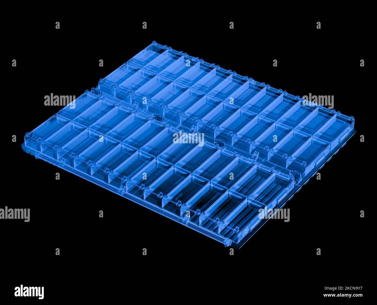 3D Rendering Röntgen-Elektroauto-Batterie oder Pack von Batteriezellen-Modul auf schwarzem Hintergrund isoliert Stockfoto