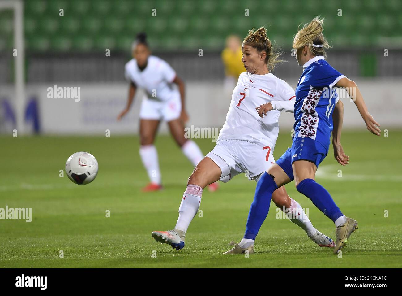 Sandy Maendly in Aktion während der FIFA Frauen-Weltmeisterschaft 2023, Qualifying Round Spiel, zwischen Moldawien und der Schweiz, gespielt auf Zimbru Stadion, in Chisinau, Moldawien, Dienstag, 21. September 2021. (Foto von Alex Nicodim/NurPhoto) Stockfoto