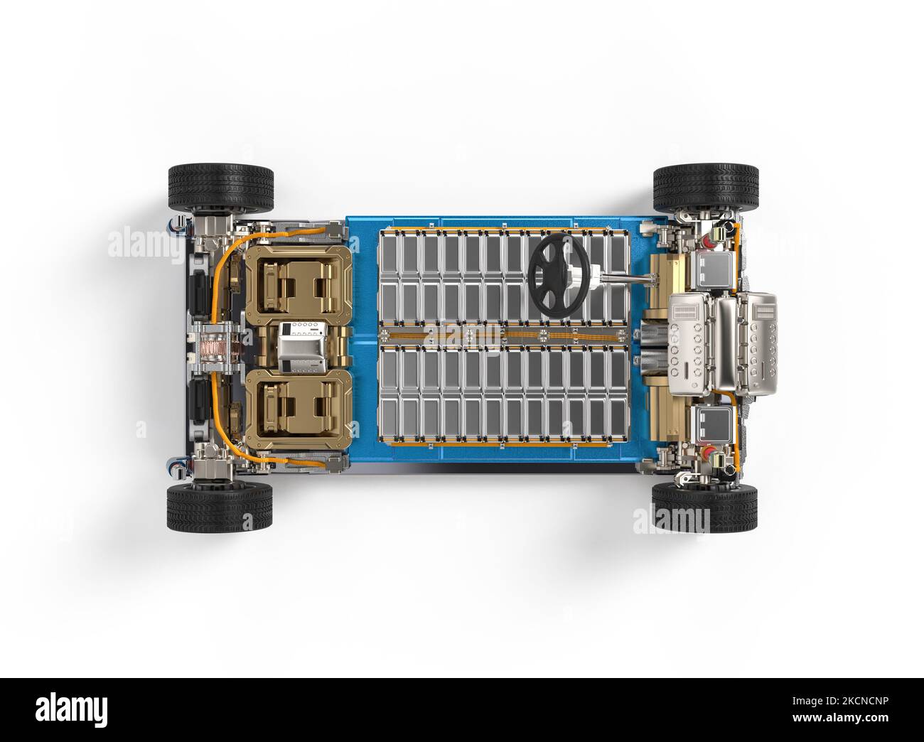 3D Rendering Elektroauto mit Pack von Batteriezellen-Modul auf Plattform Stockfoto