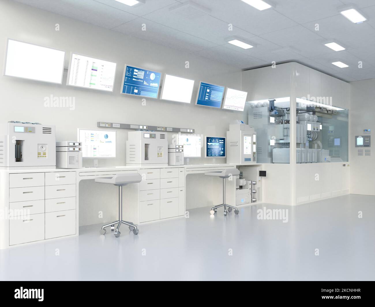 3D Rendering White futuristisches digitales Labor mit Maschine und Computerbildschirm Stockfoto