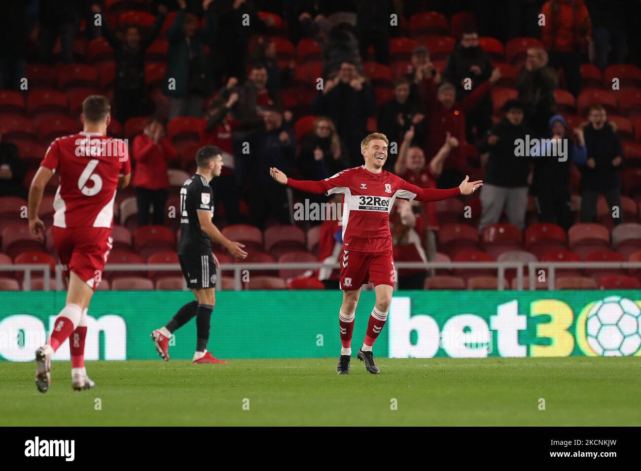 Duncan Watmore von Middlesbrough feiert sein erstes Tor beim Sky Bet Championship-Spiel zwischen Middlesbrough und Sheffield United am Dienstag, den 28.. September 2021 im Riverside Stadium, Middlesbrough. (Foto von Mark Fletcher/MI News/NurPhoto) Stockfoto