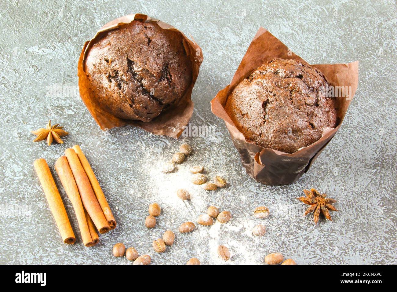 Hausgemachter leckerer Cupcake-Muffin aus Schokolade auf hellgrauem Steingrund Stockfoto