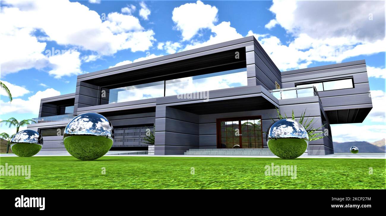 Dekorative Metallkugeln auf dem Rasen vor einem futuristischen Landhaus. Veranda mit hölzernen Schwingtüren. Kann für Publikationen über Futuristi verwendet werden Stockfoto