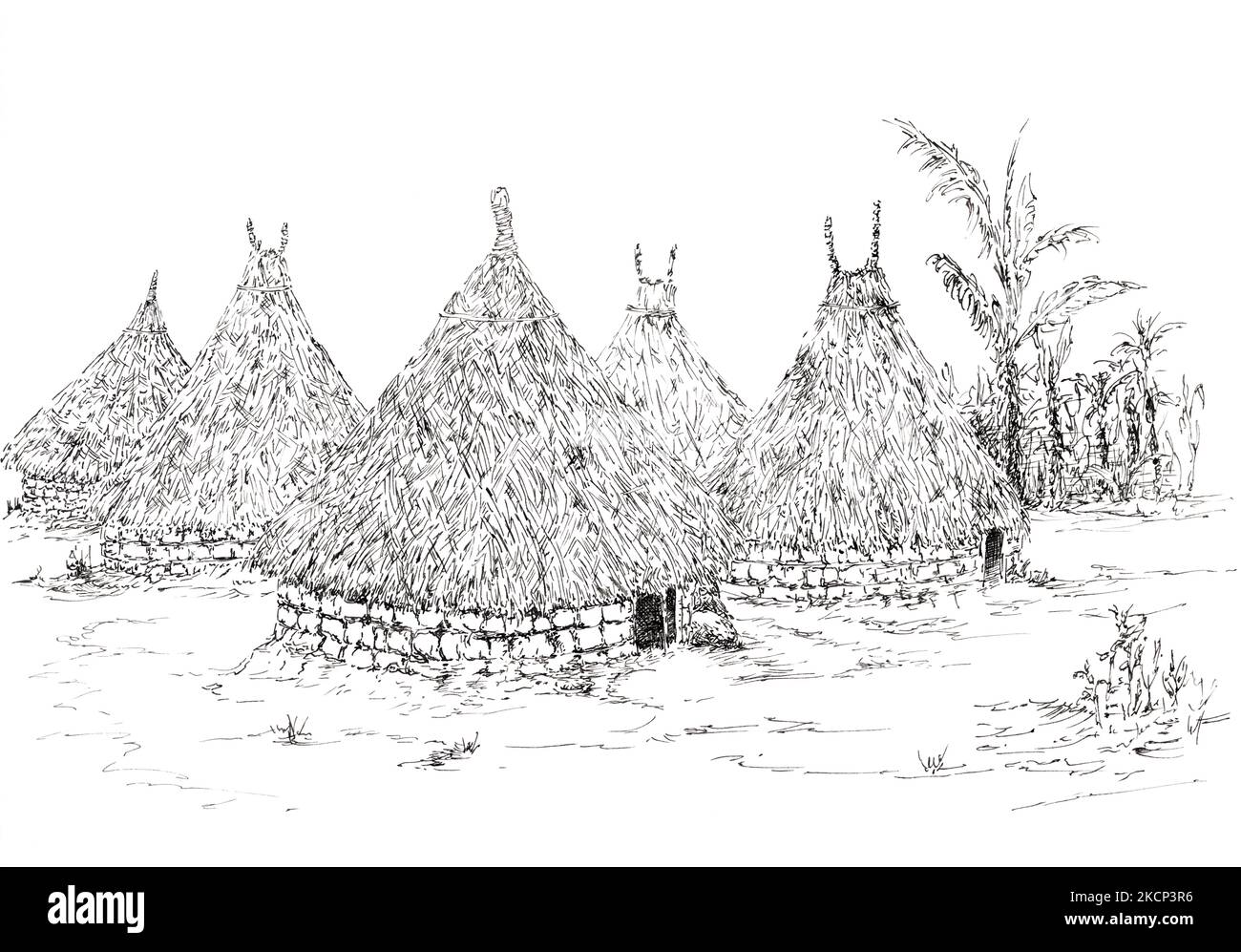 Dorf der Kogi-Völker. Sierra Nevada de Santa Maria, Kolumbien. Tinte auf Papier. Stockfoto