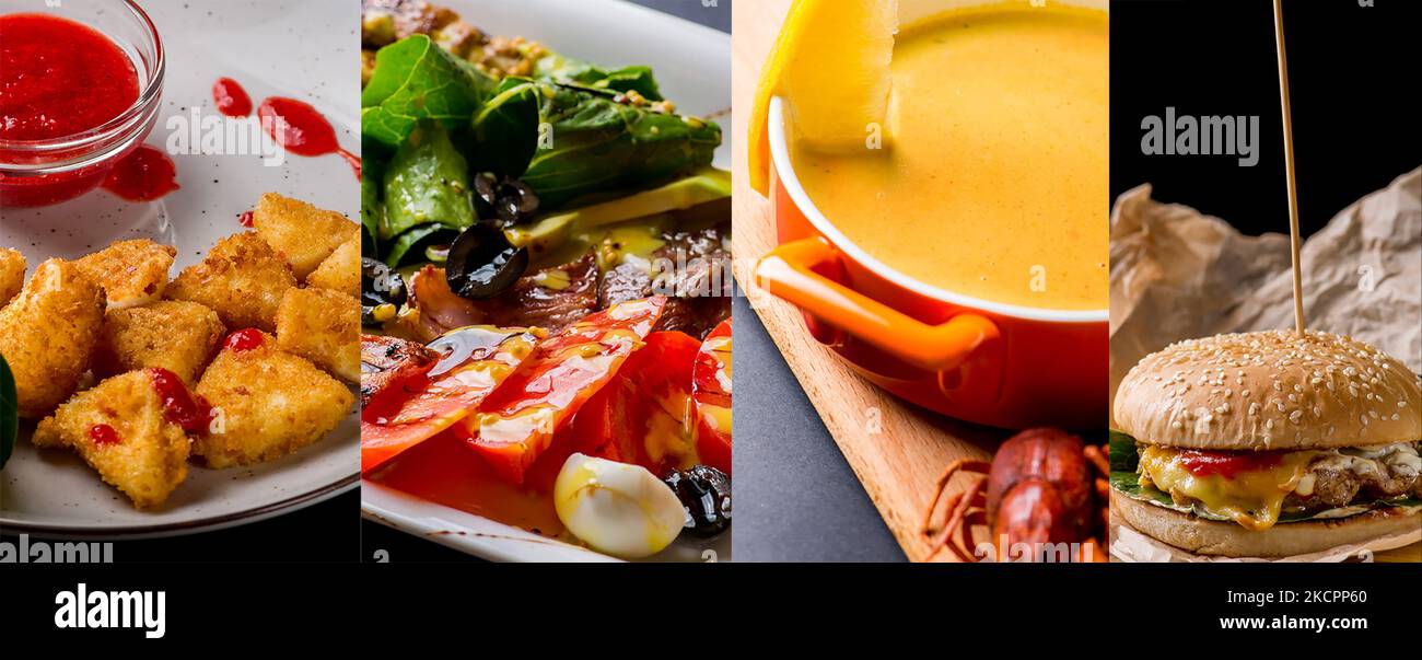 Collage von verschiedenen Lebensmitteln. Weltküche in einem Banner. Bildschirmschoner für einen Videoclip. Bildschirmschoner für die Website Stockfoto