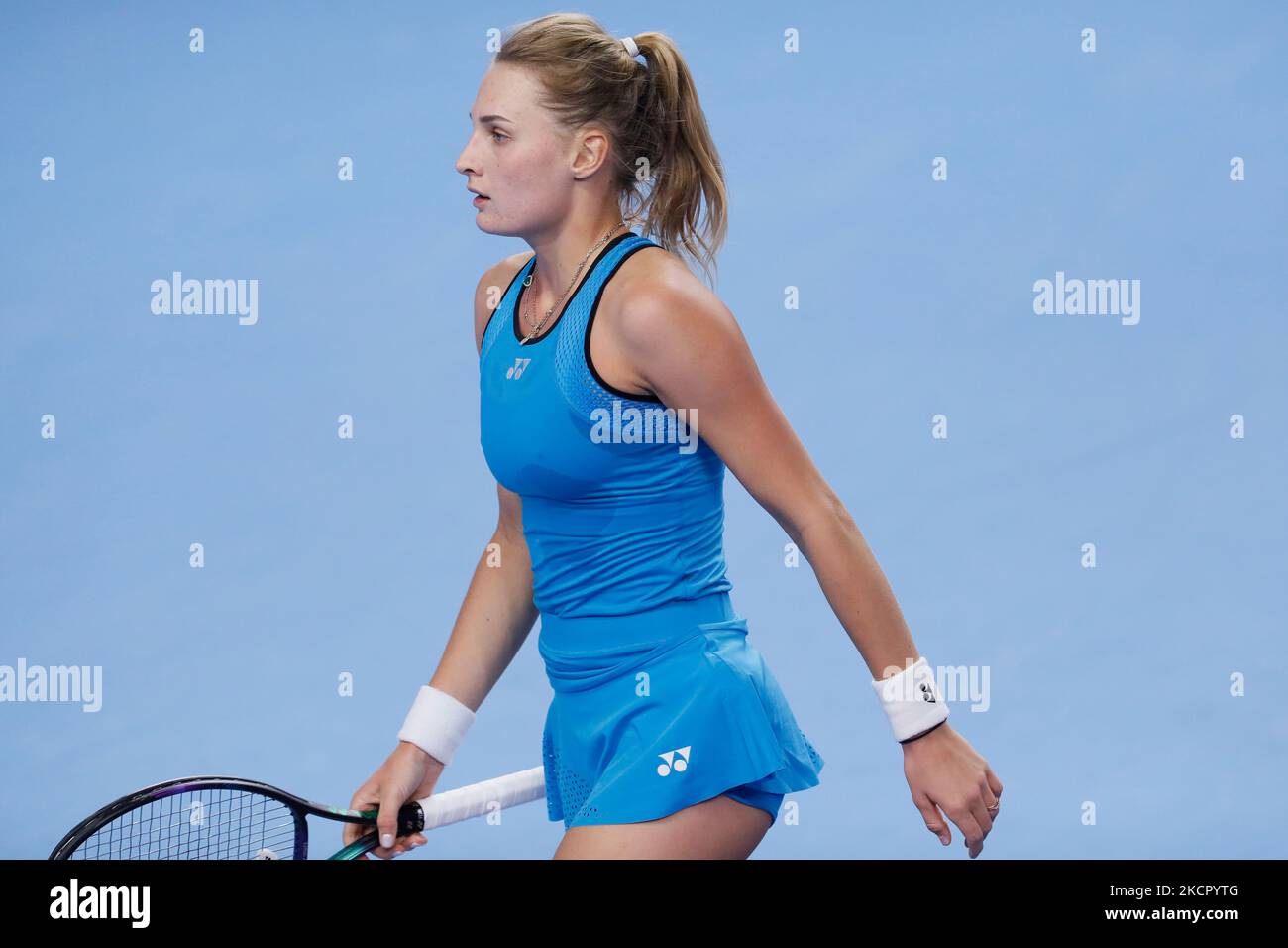 Dayana Jastremska aus der Ukraine während des Frauen-Einzel-Tennisspiels der WTA 500 VTB Kremlin Cup 2021 gegen Anna Königskaja aus Russland am 32 18. Oktober 2021 im Turnpalast Irina Viner-Usmanova in Moskau, Russland. (Foto von Mike Kireev/NurPhoto) Stockfoto