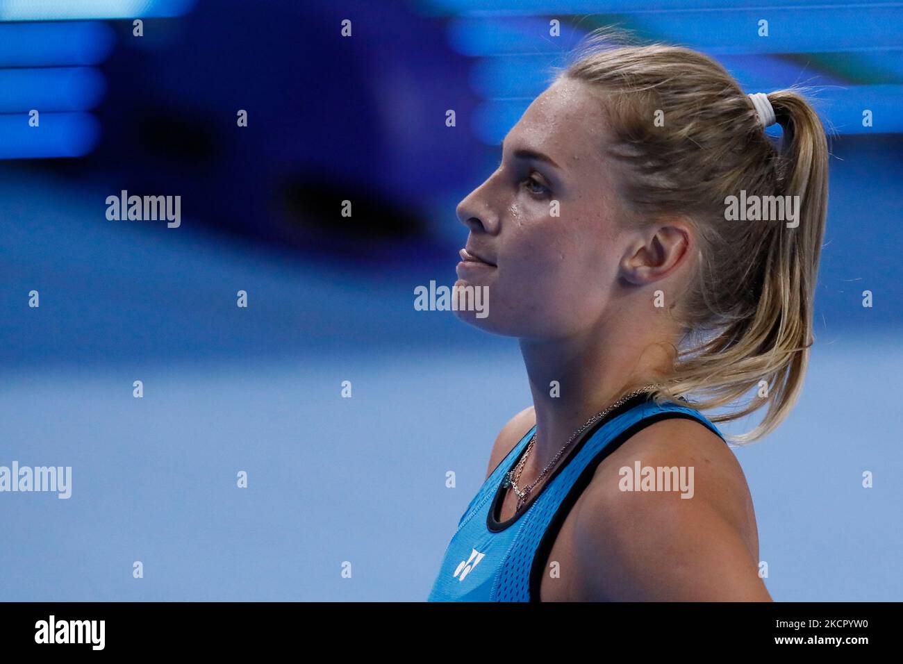 Dayana Jastremska aus der Ukraine während des Frauen-Einzel-Tennisspiels der WTA 500 VTB Kremlin Cup 2021 gegen Anna Königskaja aus Russland am 32 18. Oktober 2021 im Turnpalast Irina Viner-Usmanova in Moskau, Russland. (Foto von Mike Kireev/NurPhoto) Stockfoto