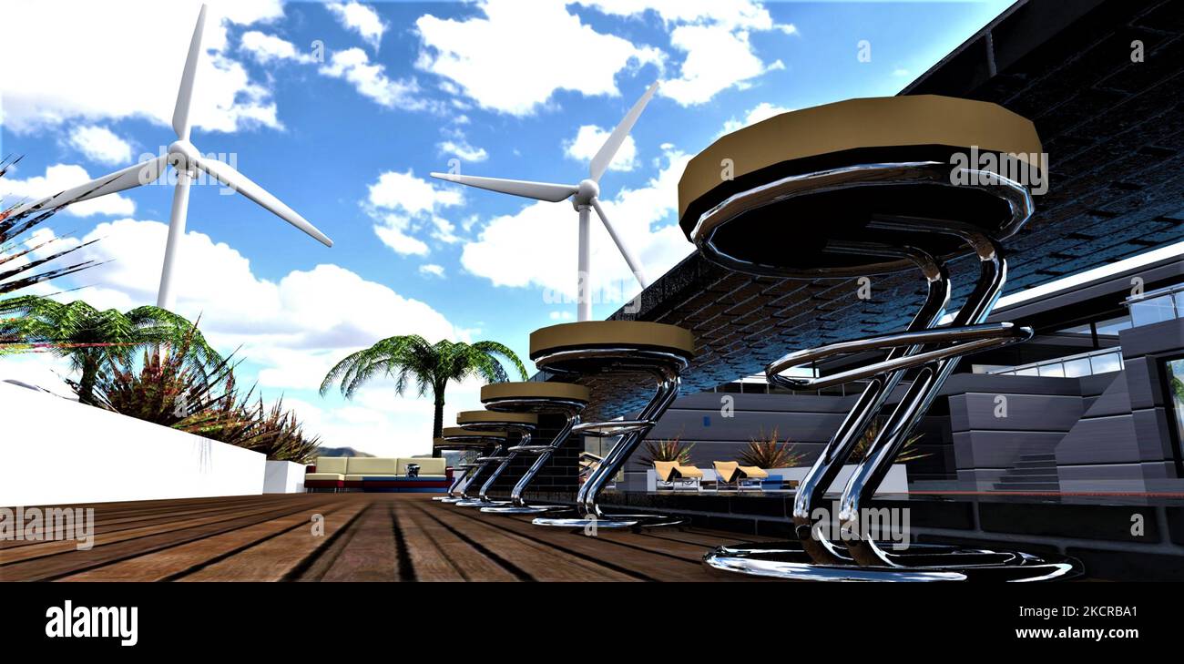 Anmutige Barhocker aus Stahl sind in einer Reihe auf einer Terrasse im Poolbereich in einem wunderbaren Landhaus mit erneuerbaren Energiequellen angeordnet. 3D Rendern. Stockfoto