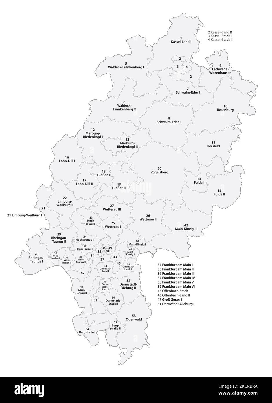 Karte der Wahlkreise in Hessen für die Landtagswahl 2023 in deutscher Sprache Stockfoto