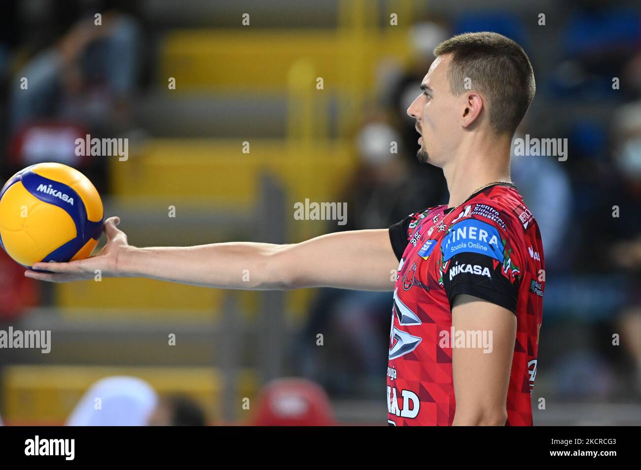 Simone Giannelli #6 (Sir Safety Conad Perugia) während des Volleyball Italina Supercup Männer Halbfinales - Sir Safety Conad Perugia gegen ITAS Trentino am 23. Oktober 2021 beim Eurosuole Forum in Civitanova Marche, Italien (Foto: Roberto Bartomeoli/LiveMedia/NurPhoto) Stockfoto