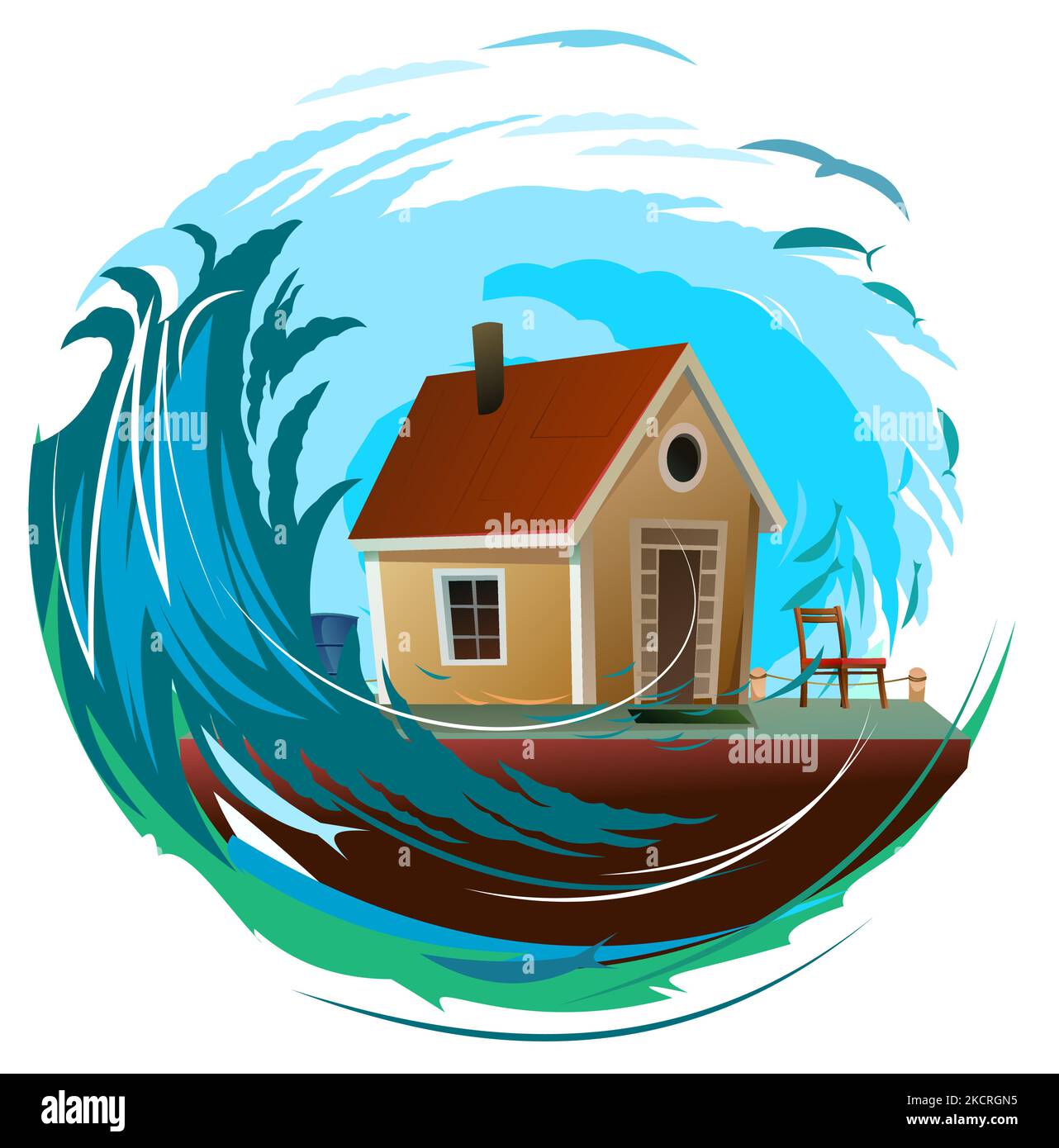 Schwimmendes Haus zwischen Meereswellen. Wohnung mit kleinem Innenhof am Wasser. Isoliert auf weißem Hintergrund. Illustrationsvektor. Stock Vektor