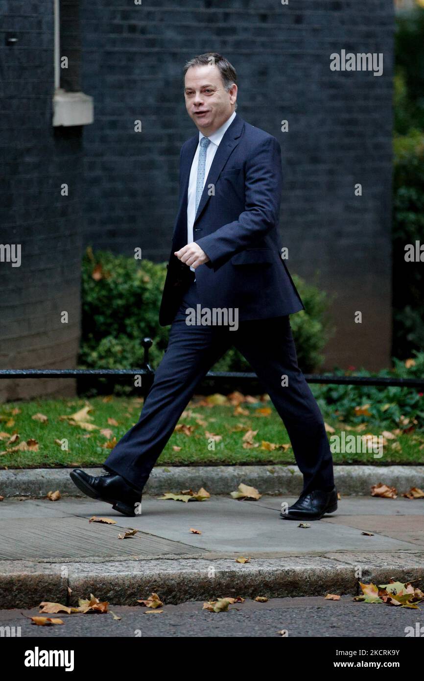 Der Staatsminister ohne Portfolio im Kabinett Nigel Adams, Abgeordneter der Konservativen Partei für Selby und Ainsty, kommt am 27. Oktober 2021 zu einer Kabinettssitzung in der Downing Street 10 in London, England, an. Der britische Schatzkanzler Rishi Sunak stellt heute den Abgeordneten im Unterhaus seinen Haushalt für das Jahr vor. (Foto von David Cliff/NurPhoto) Stockfoto