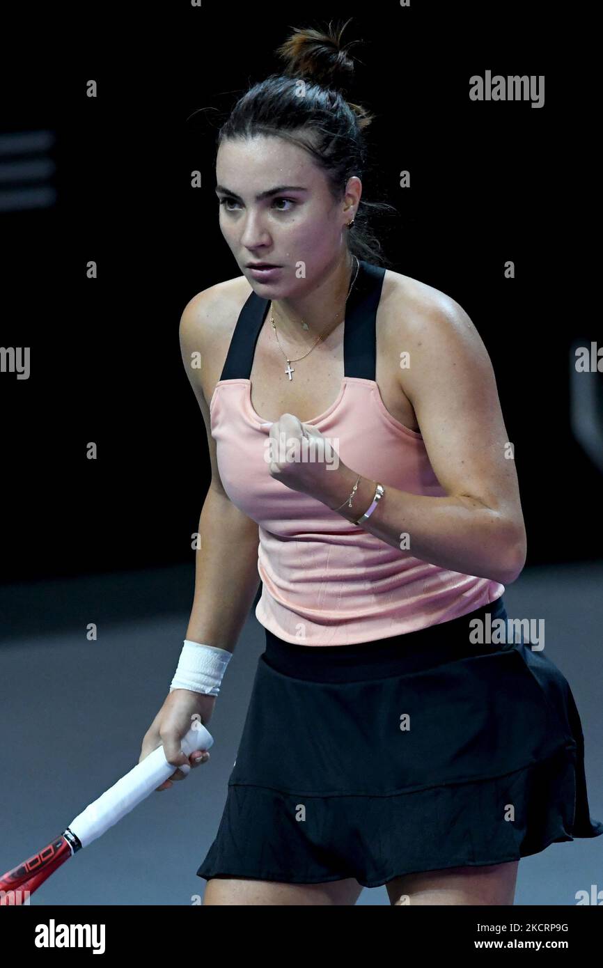 Porträt von Gabriela Ruse in Aktion -feiert nach dem Tor während ihres Spiels gegen Simona Halep am fünften Tag der Transylvania Open: WTA 250 Turnier in BT Arena, Cluj - Napoca - 28. Oktober 2021 (Foto von Flaviu Buboi/NurPhoto) Stockfoto